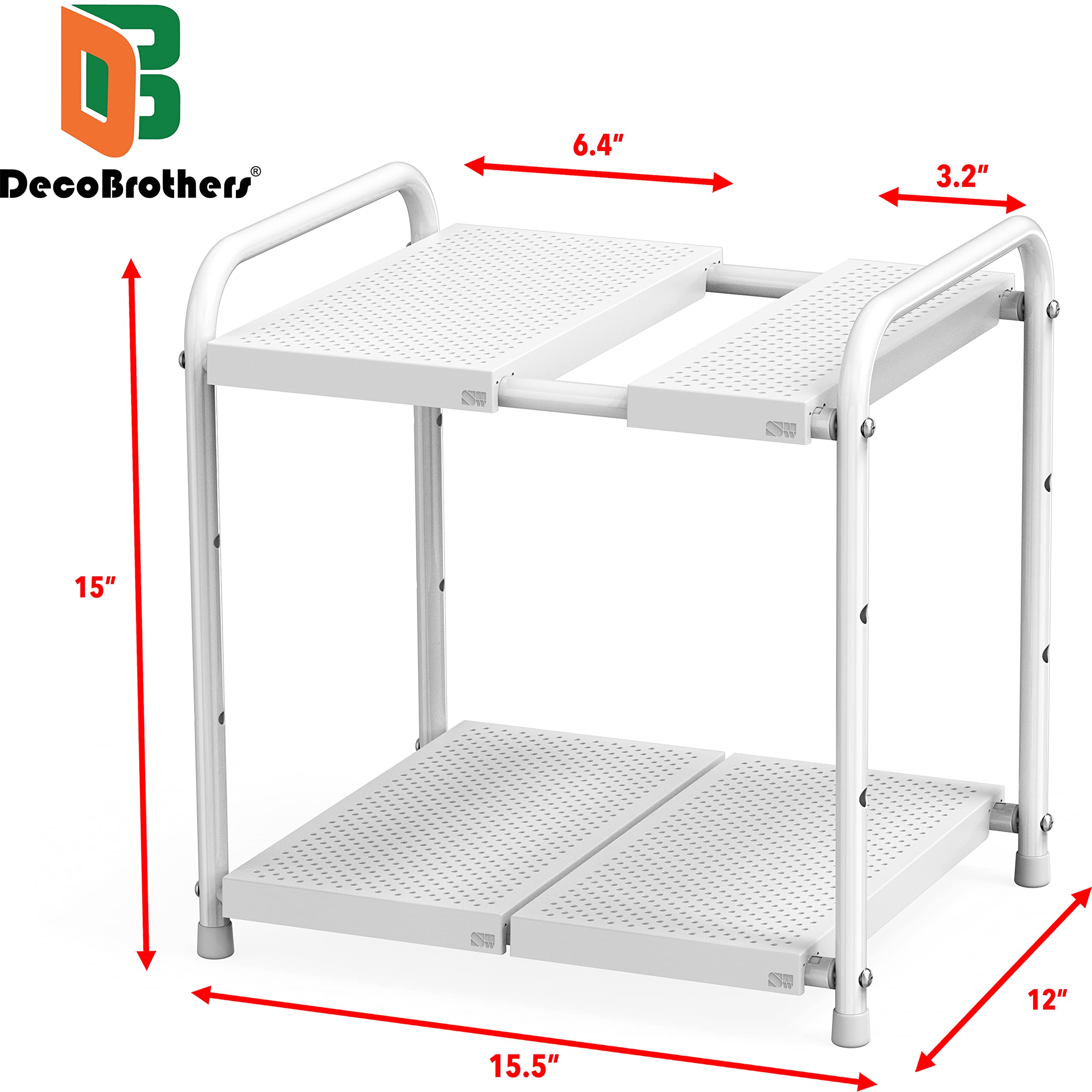 Deco Brothers 2-Tier Expandable Under Sink Shelf Organizer - White | Space Saving Kitchen & Bathroom Storage Solution for Cleaning Supplies & Toiletries