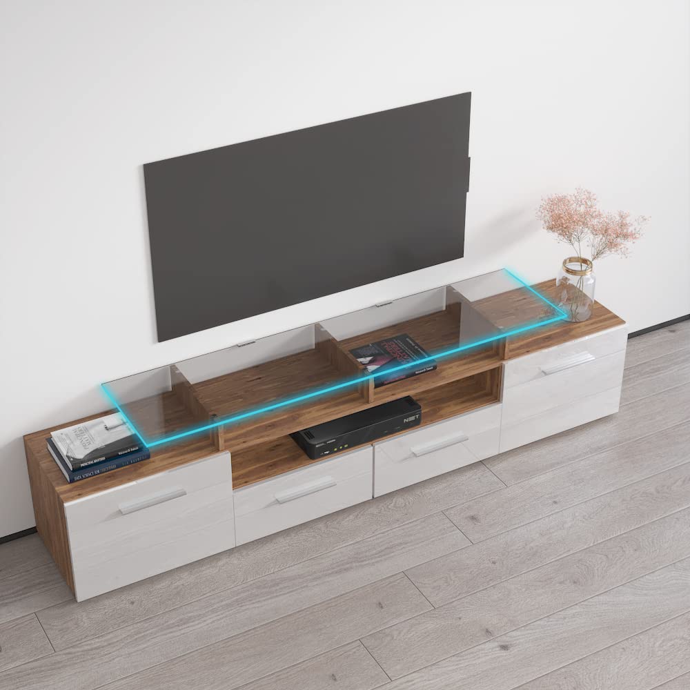 Modern Evora Wide High Gloss TV Stand with Storage Cabinets & LED Lights - 70 Inch Media Entertainment Center Console Table - White - Perfect for Living Room, Home Theater & Gaming Setup