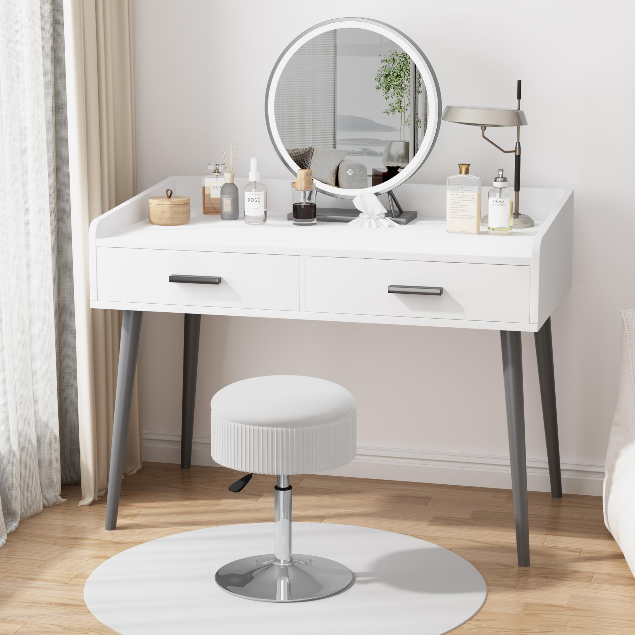 ACEQLYT® White Vanity Stool with Storage - Adjustable Swivel Makeup Chair with Faux Fur Seat for Bedroom & Dressing Room | Perfect for Vanity Table, Makeup Room, and Home Decor