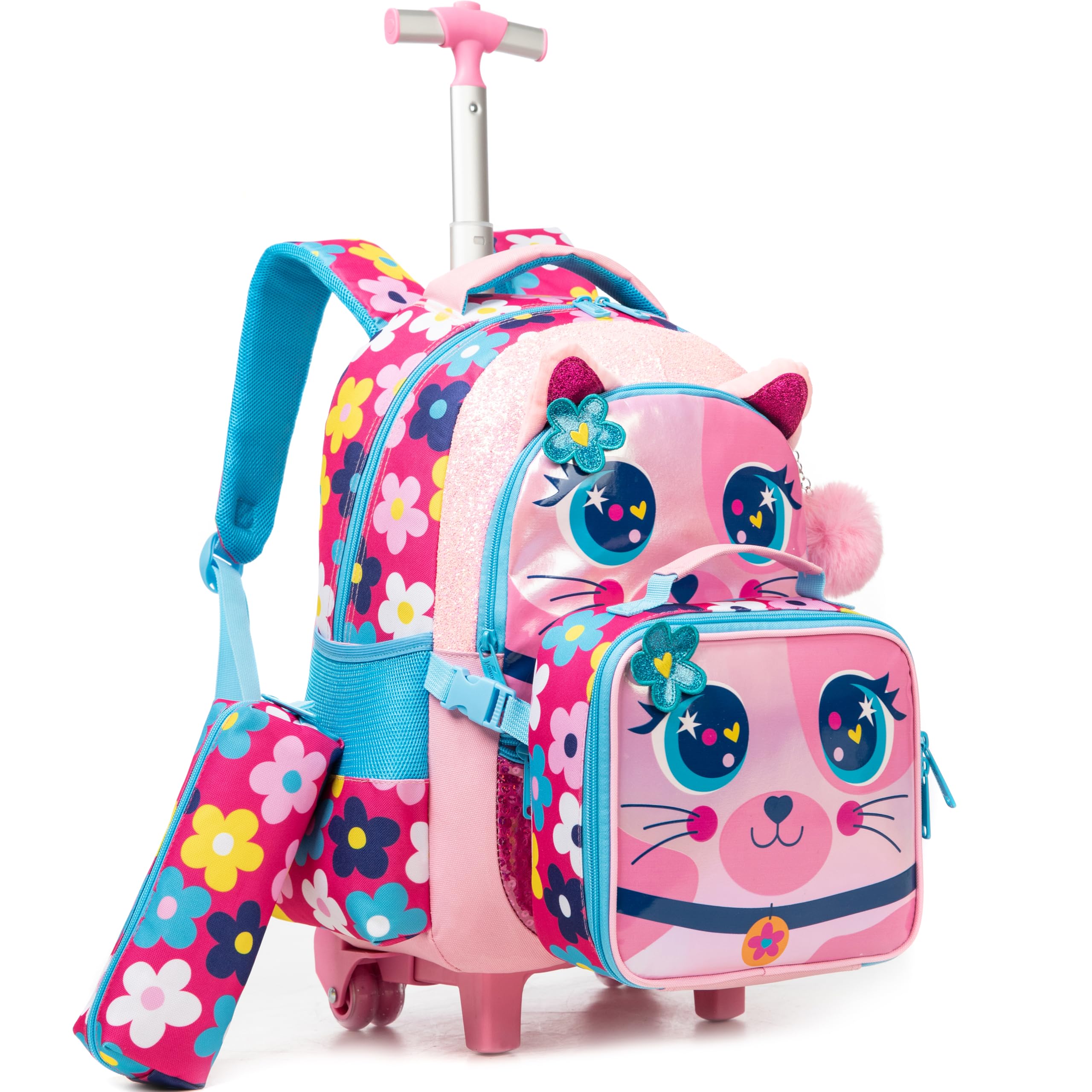 Meetbelify Rolling Backpack for Girls - 3-in-1 Wheeled School Backpack with Lunch Box & Pencil Case, Travel Carry-On Suitcase for Elementary & Preschool Students (Ages 8-10) - Perfect for School, Travel & Daily Commute