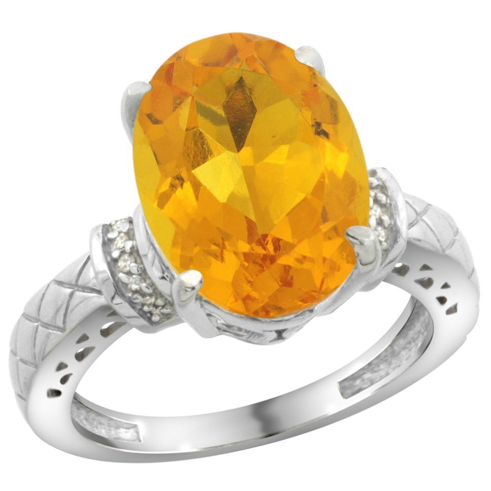 Natural Citrine Sterling Silver Diamond Ring - 14x10mm Oval Cut, Size 5-10 - Elegant Jewelry for Women, Perfect for Weddings, Anniversaries & Special Occasions