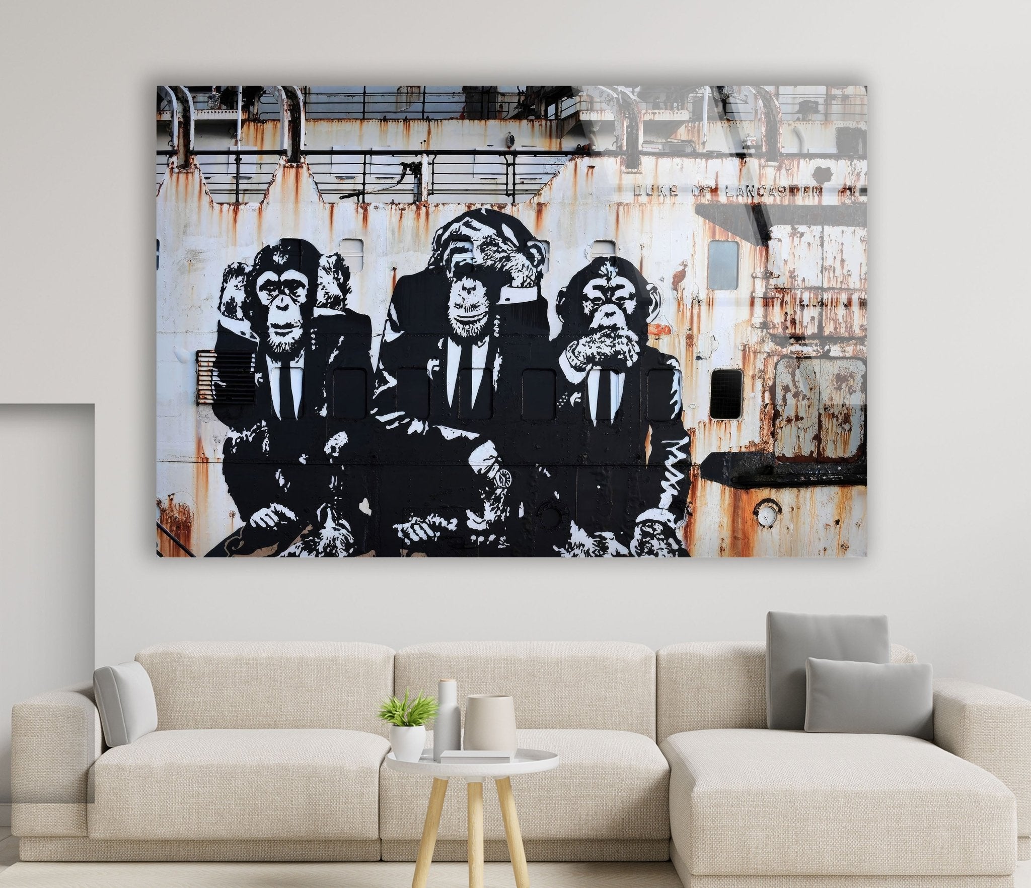 3 Monkey Banksy Glass Wall Art - Modern Home Decor for Living Room, Bedroom & Office - Unique Street Art Inspired Glass Painting