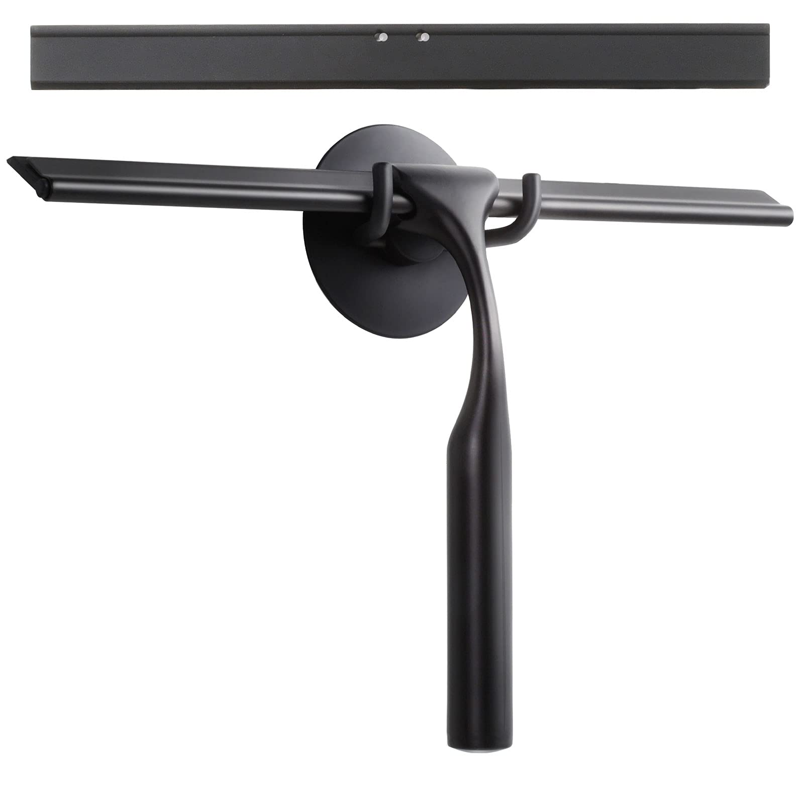 GlobaLink 10-Inch Stainless Steel Shower Squeegee with Hanging Suction Hook - All-Purpose Bathroom & Window Wiper with Replaceable Silicone Blade - Perfect for Shower Doors, Mirrors & Glass Cleaning - Black