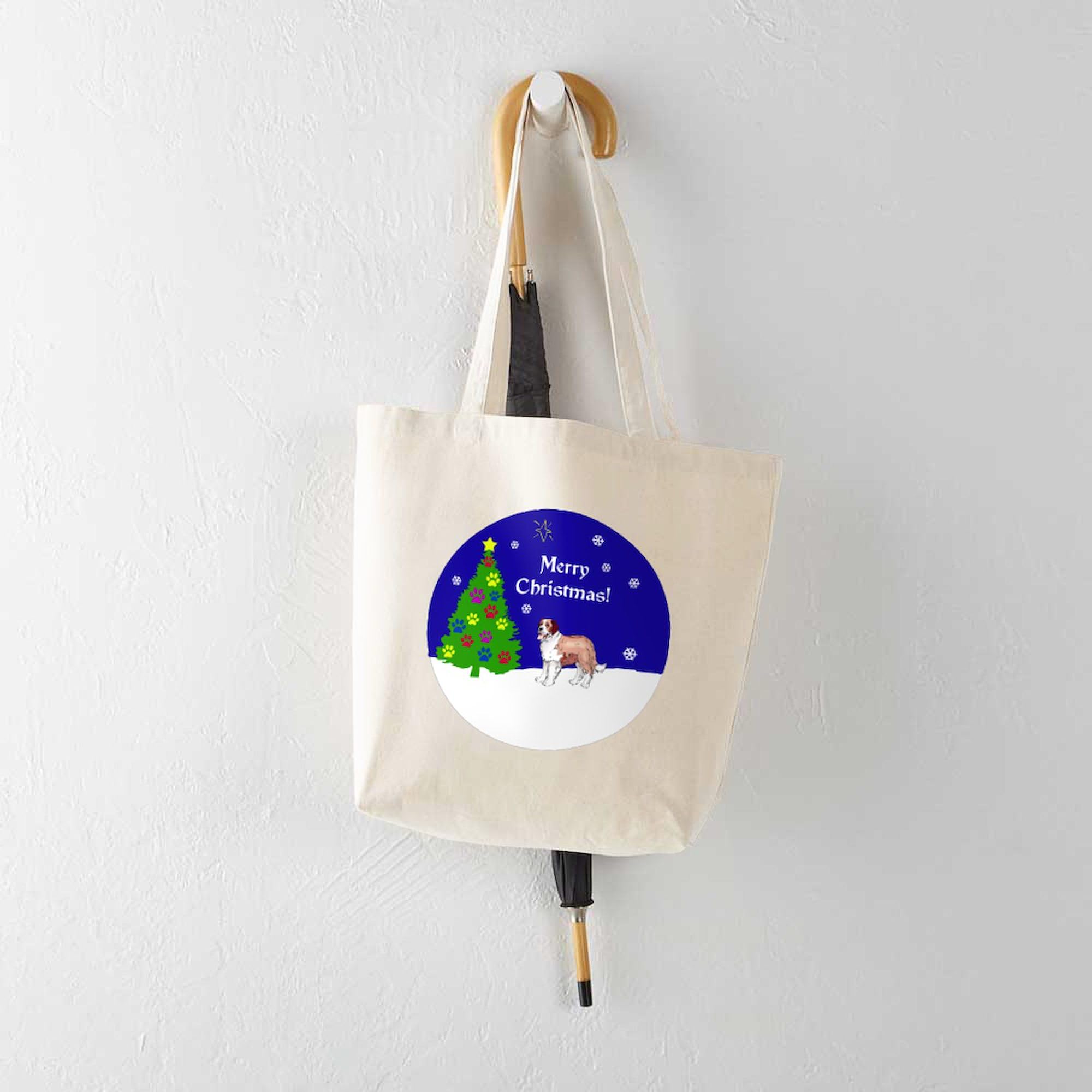 St Bernard Christmas Tote Bag - Natural Canvas Reusable Shopping Bag for Holiday Gifts, Groceries & Everyday Use