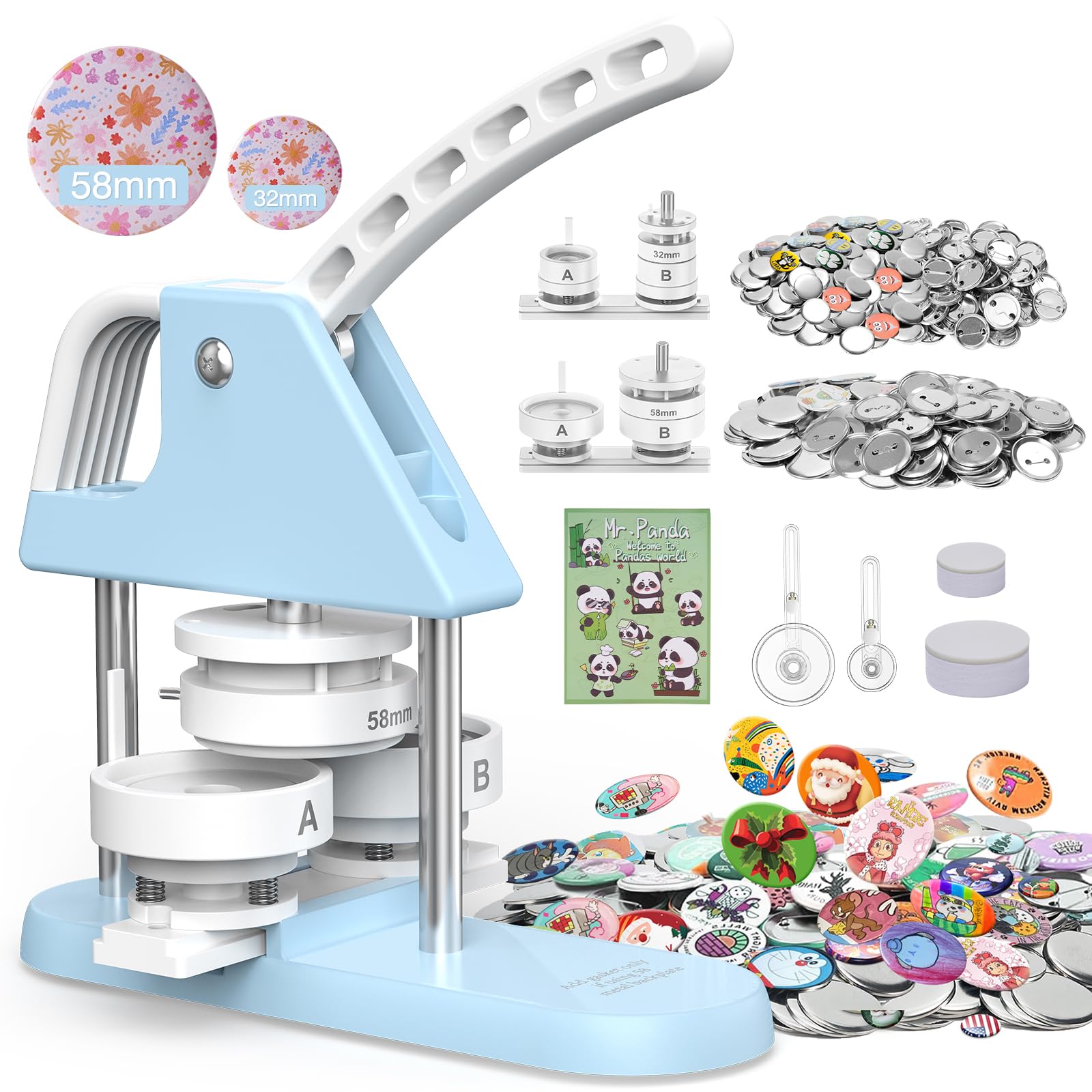 32mm & 58mm Professional Button Maker Machine Kit - Includes 200 Metal Backings, Sturdy Aluminum Body (1.25 & 2.25 Inch) for DIY Badges, Pins & Custom Buttons - Perfect for Craft Fairs, School Projects, Promotions & Personalized Gifts