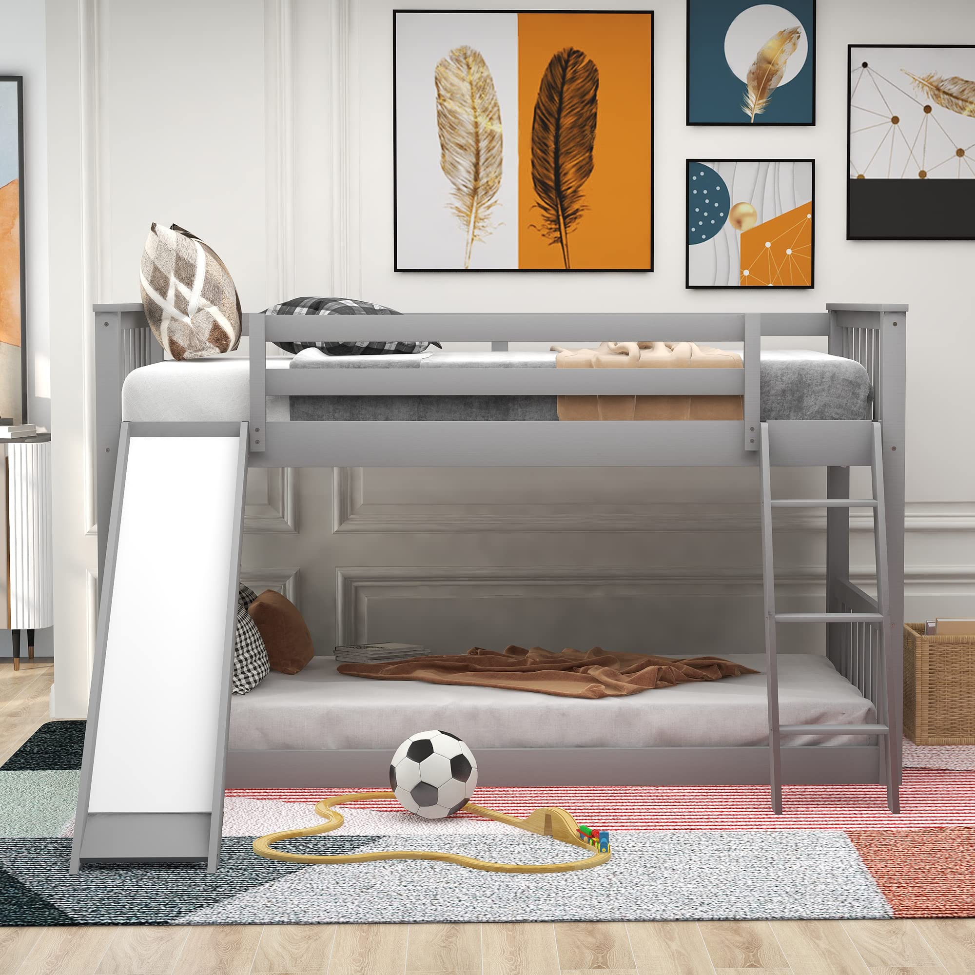 HABITRIO Twin Size Bunk Bed with Slide and Ladder - Sturdy Wood Bunk Bed Frame, Safety Guardrails, No Box Spring Needed, Space-Saving Design in Gray - Perfect for Kids' Bedrooms, Guest Rooms, and Small Spaces