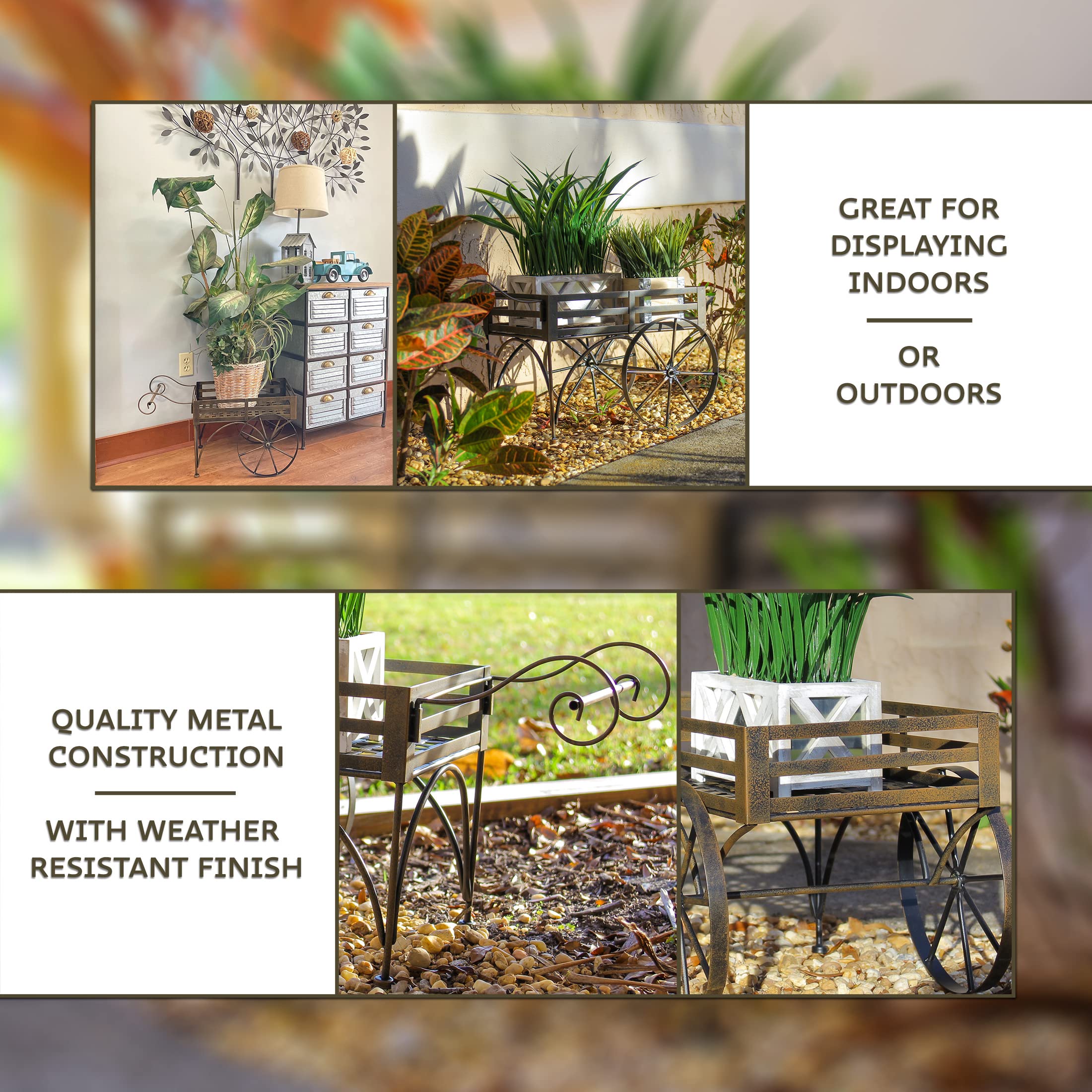 Rustic Brown Metal Wagon Cart Plant Stand - Indoor Outdoor Flower Pot Holder - Garden Decor for Patio, Balcony & Home - Perfect for Succulents, Herbs & Decorative Plants