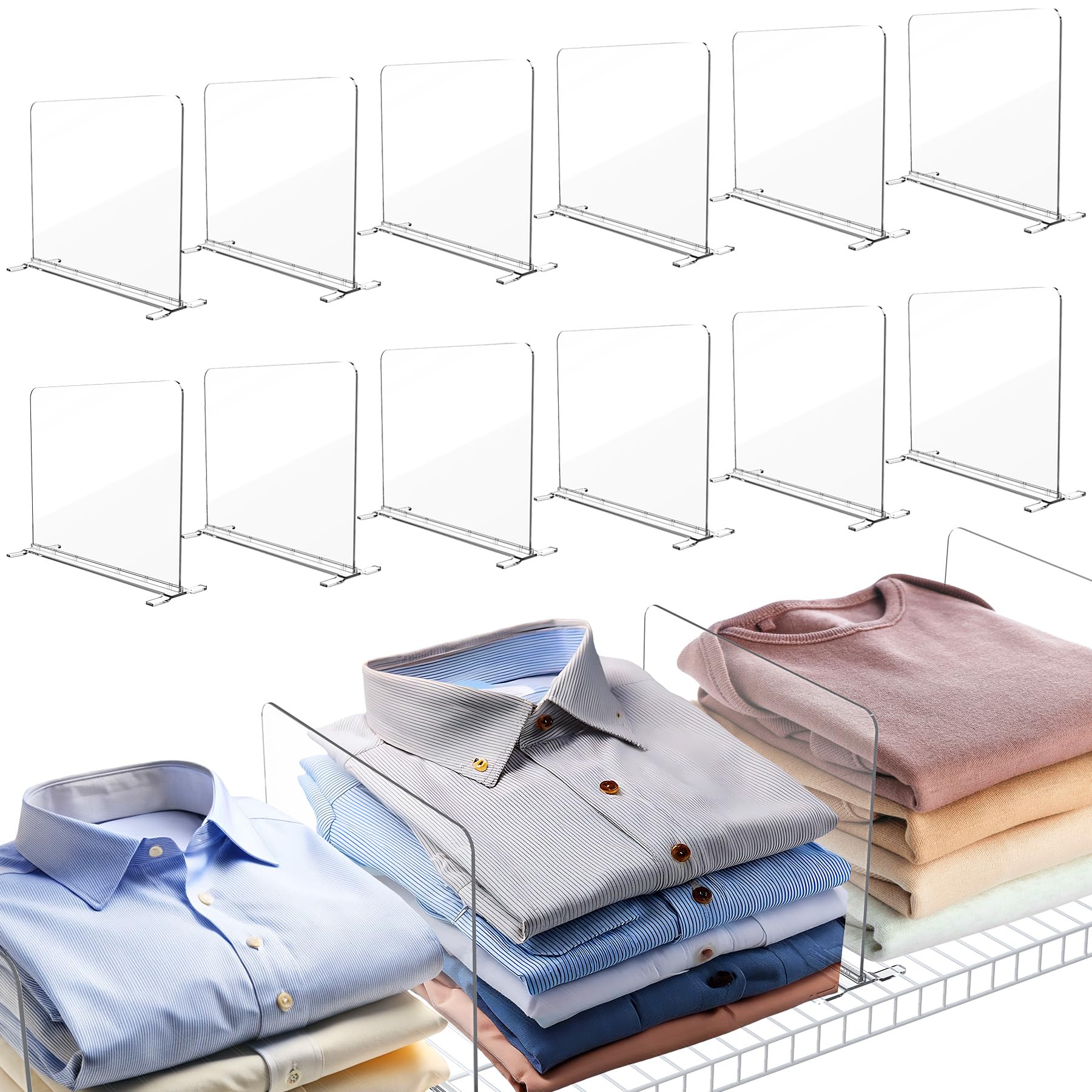 12 Pack Clear Acrylic Wire Shelf Dividers - Closet Organizer for Wire Shelving, Pantry, Office & Garage Storage - Space Saving Shelf Separators for Better Organization (Perfect for Closets, Kitchens & Work Spaces)