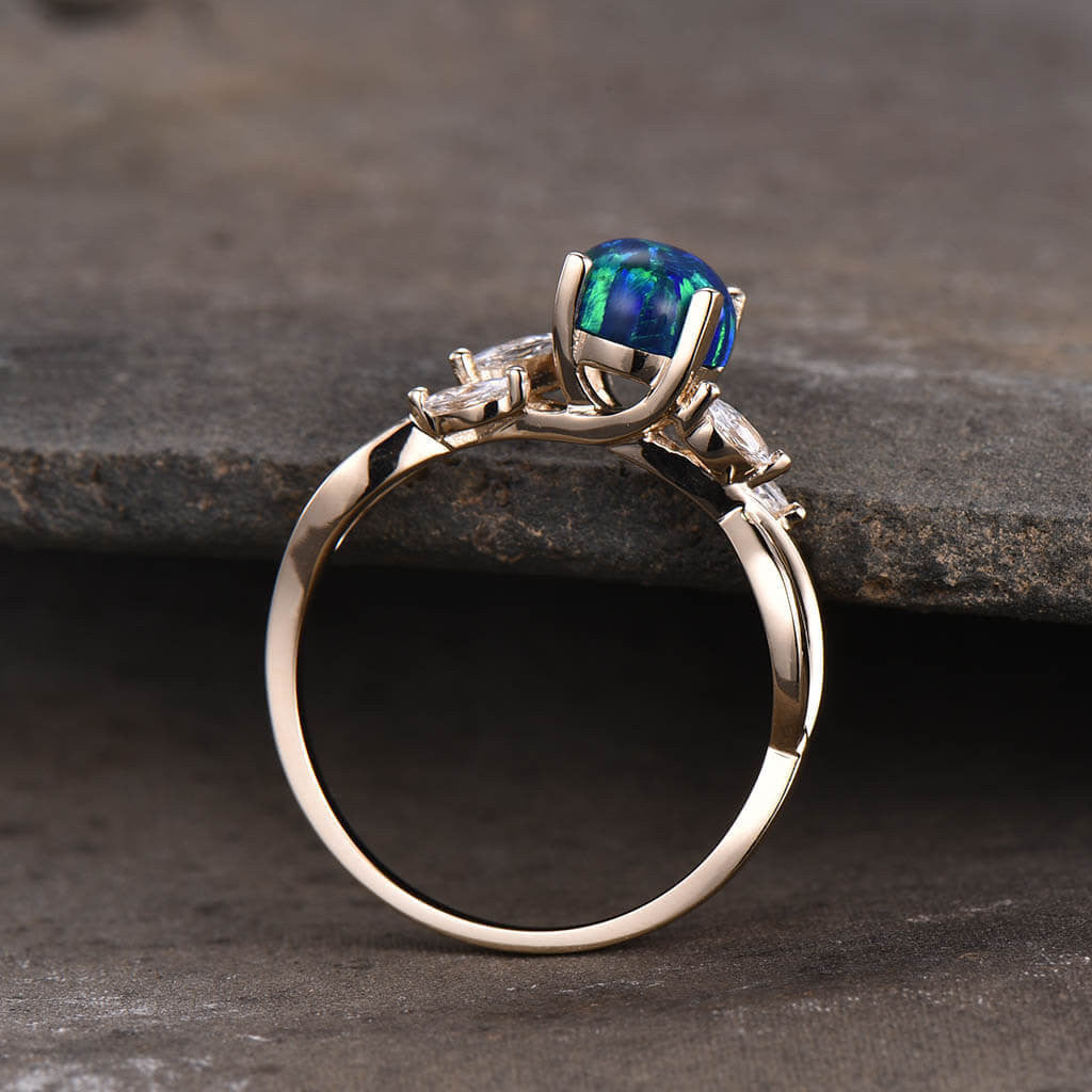 14K/18K Rose Gold Black Blue Opal Moissanite Engagement Ring - Art Deco Style for Wedding, Proposal & Anniversary Gifts