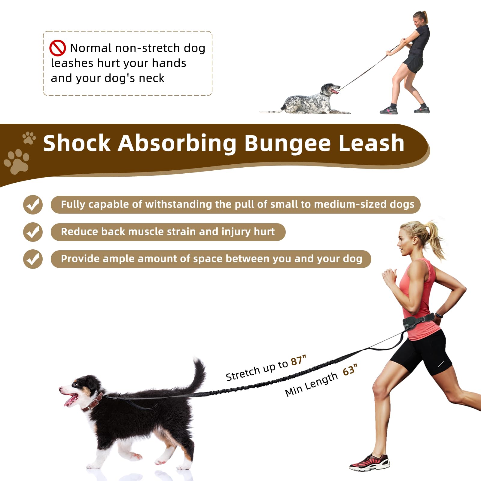 Hands Free Dog Leash with Zipper Pouch - Dual Padded Handle Waist Belt for Small & Medium Dogs | Retractable Bungee Leash with Reflective Stitches | Perfect for Running, Walking, Jogging & Training (Black)