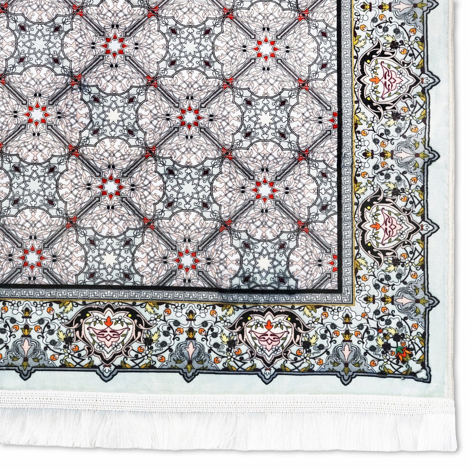 Premium Islamic Prayer Rug - Gray & Red Geometric Design for Muslim Salah - Perfect for Home, Mosque & Travel Use