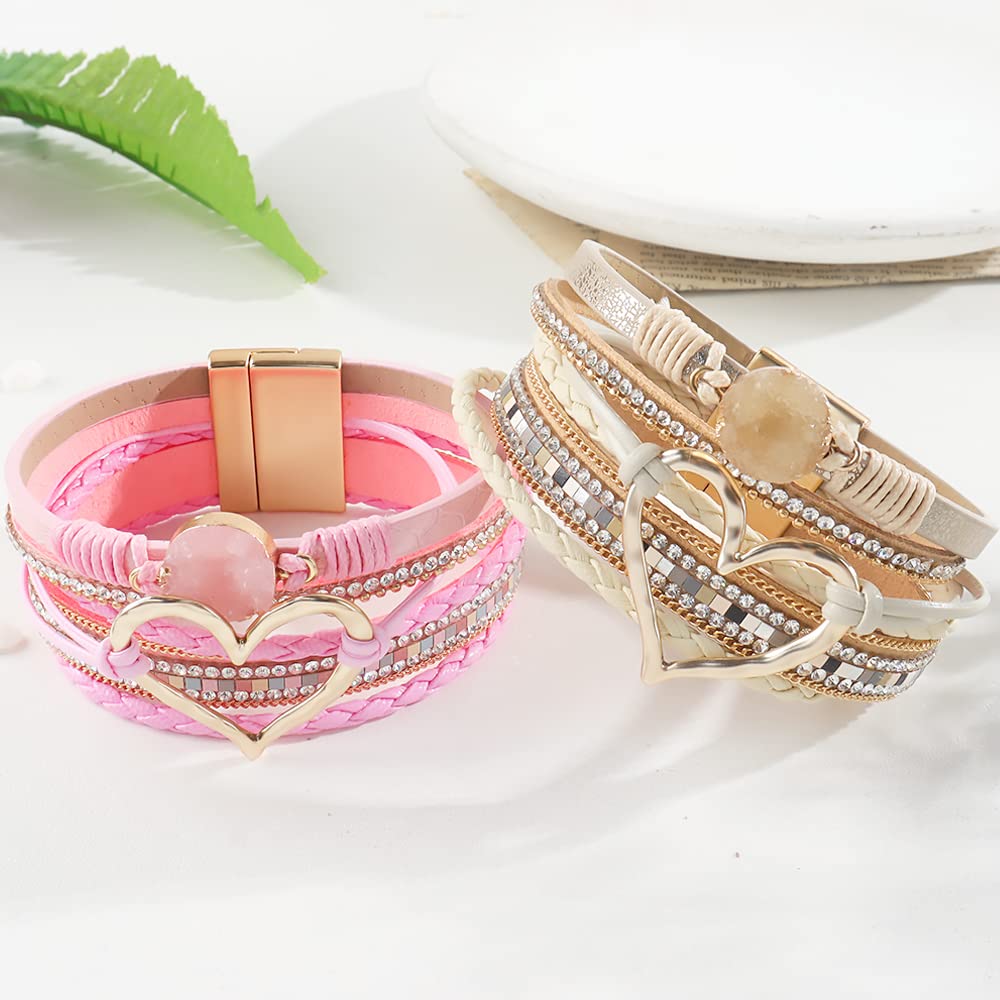 Boho Heart Leather Wrap Bracelets for Women - Trendy Layered Chunky Stack Bracelets, Valentines Jewelry Gift for Her | Perfect for Everyday Wear, Layering & Special Occasions | Great for Date Nights, Parties & Casual Outfits