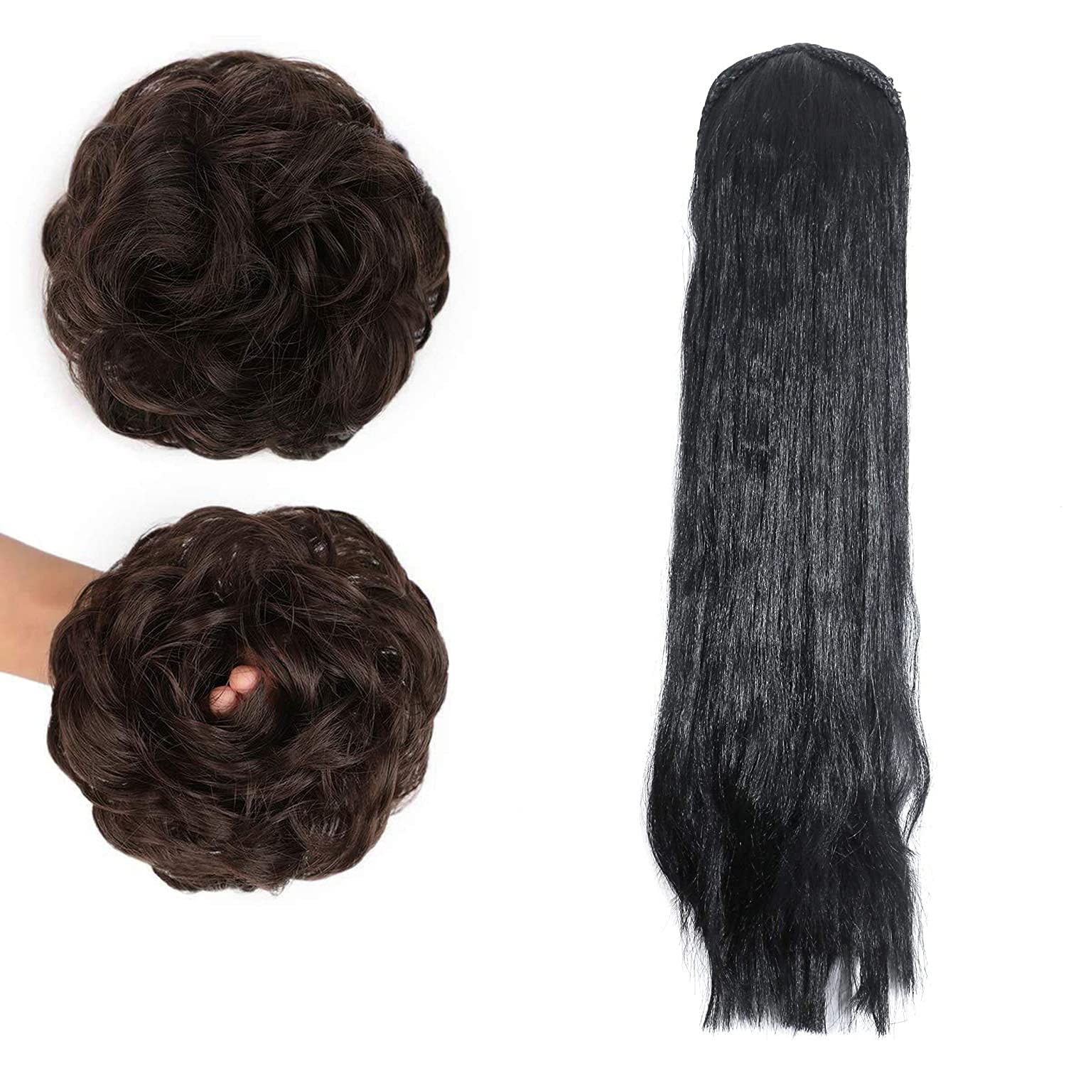 ASG 30 Inch Black Long Straight Hair Extensions - Clip-in Human Hair Weft with Messy Matte Ruffle Juda Brown | Perfect for Cosplay, Parties & Daily Styling