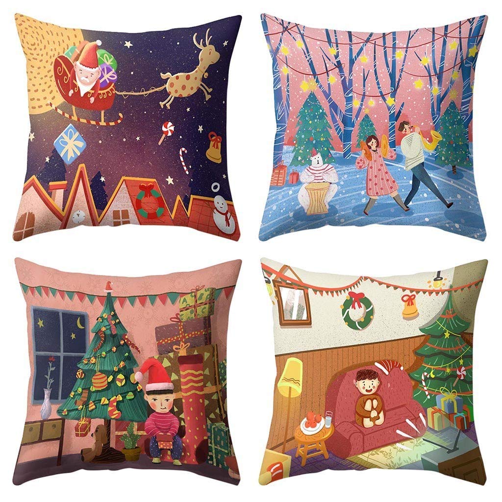 4PCS Merry Christmas Print Pillow Covers - Festive Holiday Decorative Polyester Sofa & Car Cushion Covers for Home Decor - Perfect for Living Room, Bedroom, Office and Christmas Party Decorations