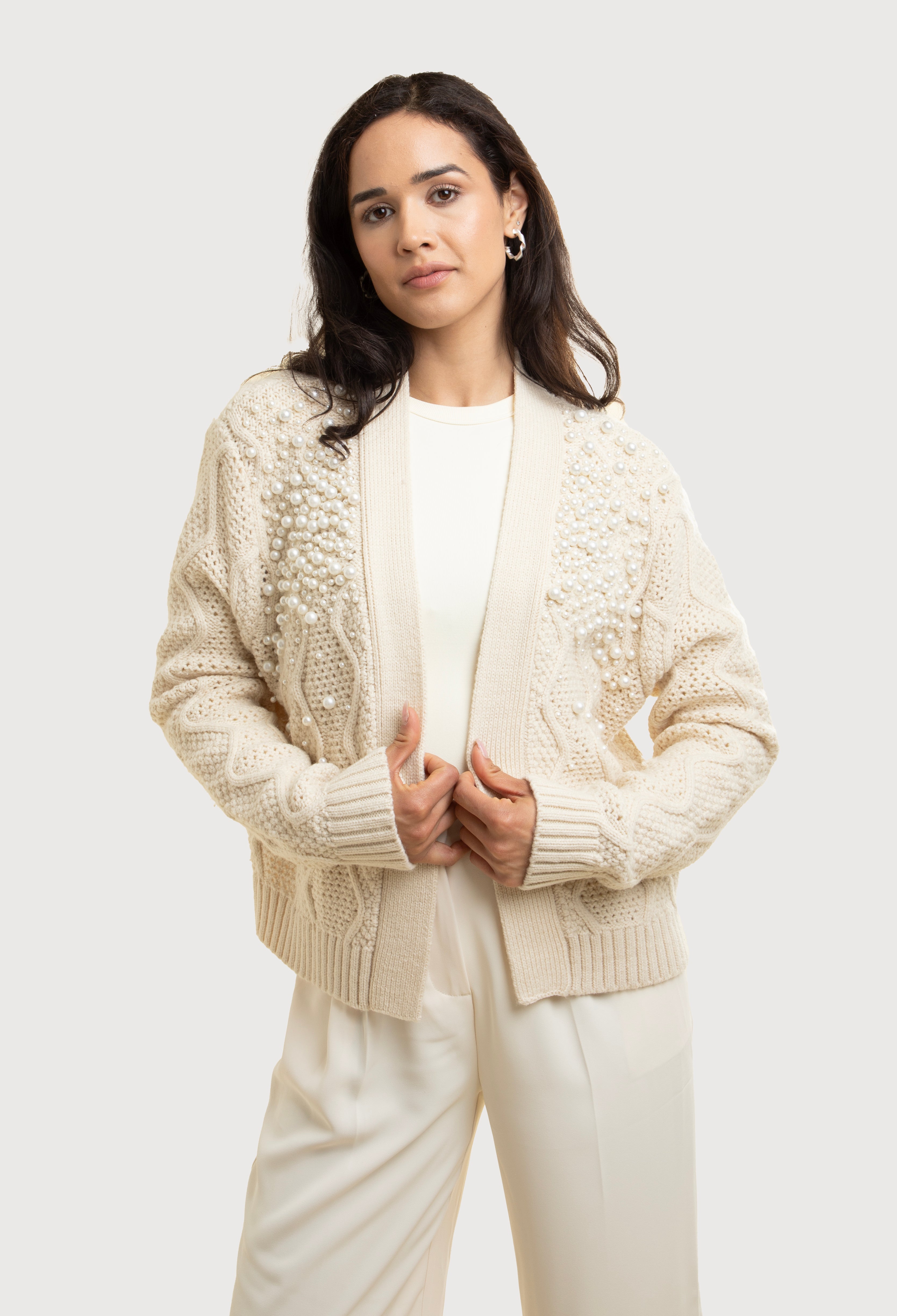 Elegant Pearl Embellished Cardigan for Women - Soft Knit Open Front Sweater - Perfect for Office, Date Night & Special Occasions