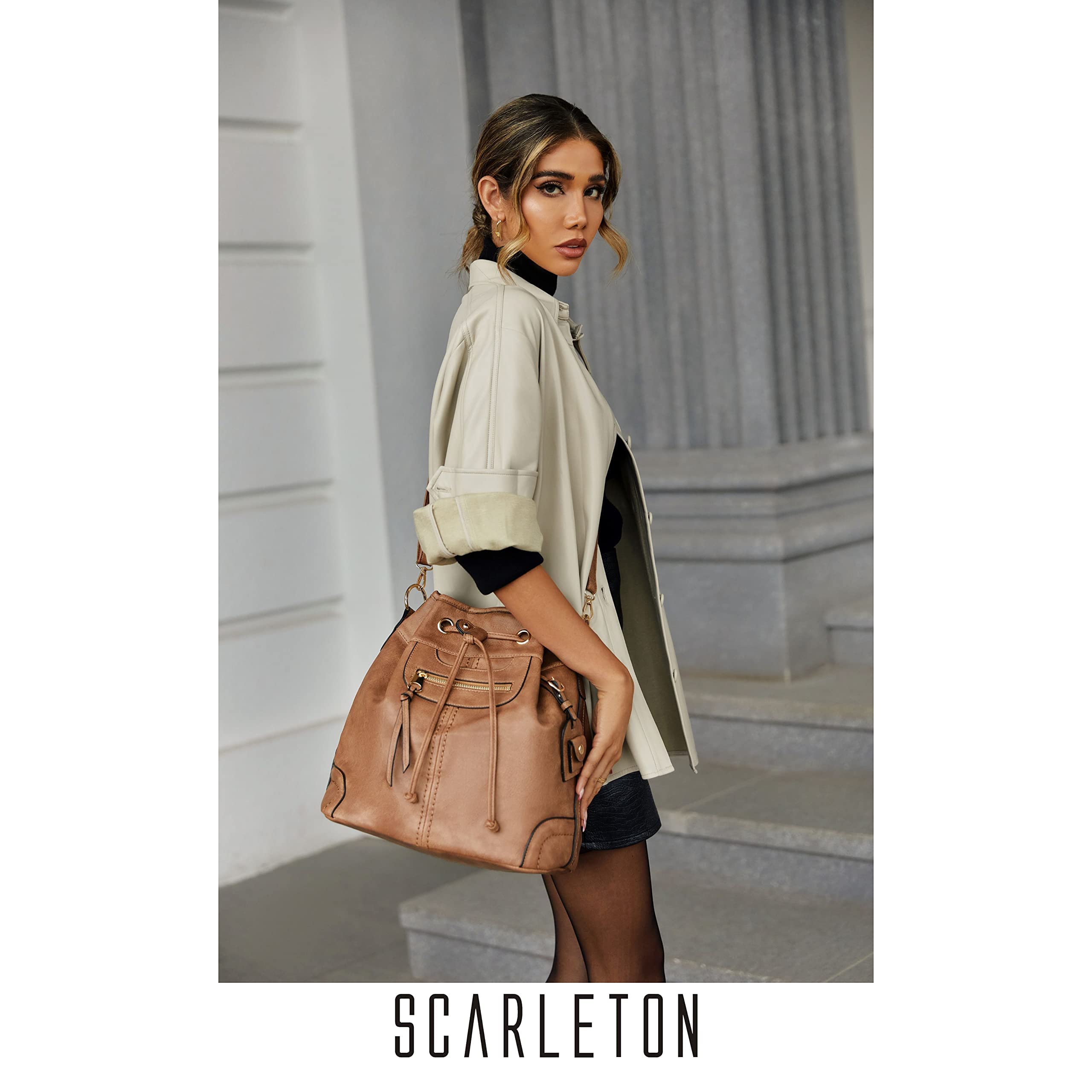 Scarleton Women's Drawstring Bucket Hobo Bag - Crossbody Shoulder Purse with Multiple Pockets (H1078) - Perfect for Work, Travel & Everyday Use