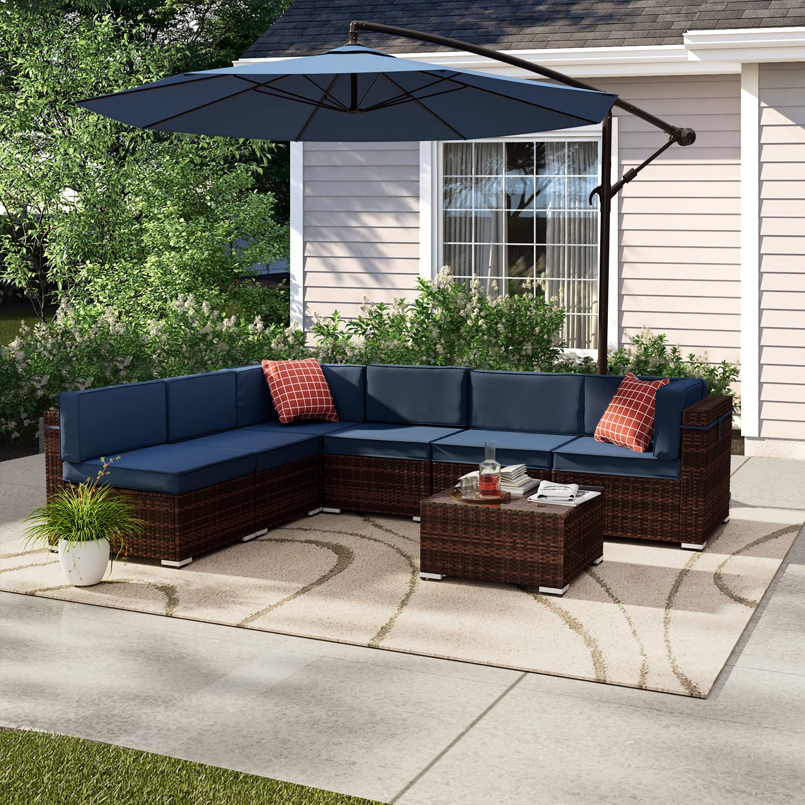 7-Piece UDPATIO Outdoor Patio Furniture Set with 10FT Offset Hanging Umbrella & Base - PE Wicker Sectional Sofa Conversation Set, Solution-Dyed Fabric Umbrella & Thickened Cushions in Navy Blue - Perfect for Backyard, Poolside & Garden Relaxation
