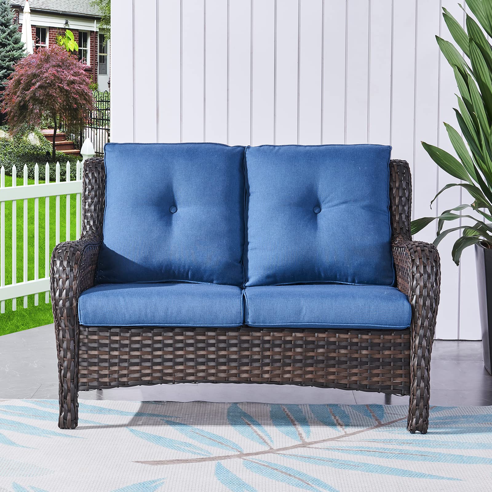 2-Seat Wicker Patio Loveseat - Deep Seating Rattan Outdoor Sofa with Cushions for Porch, Deck, Balcony (Brown/Blue) | Perfect for Backyard Relaxation, Garden Lounging & Poolside Comfort