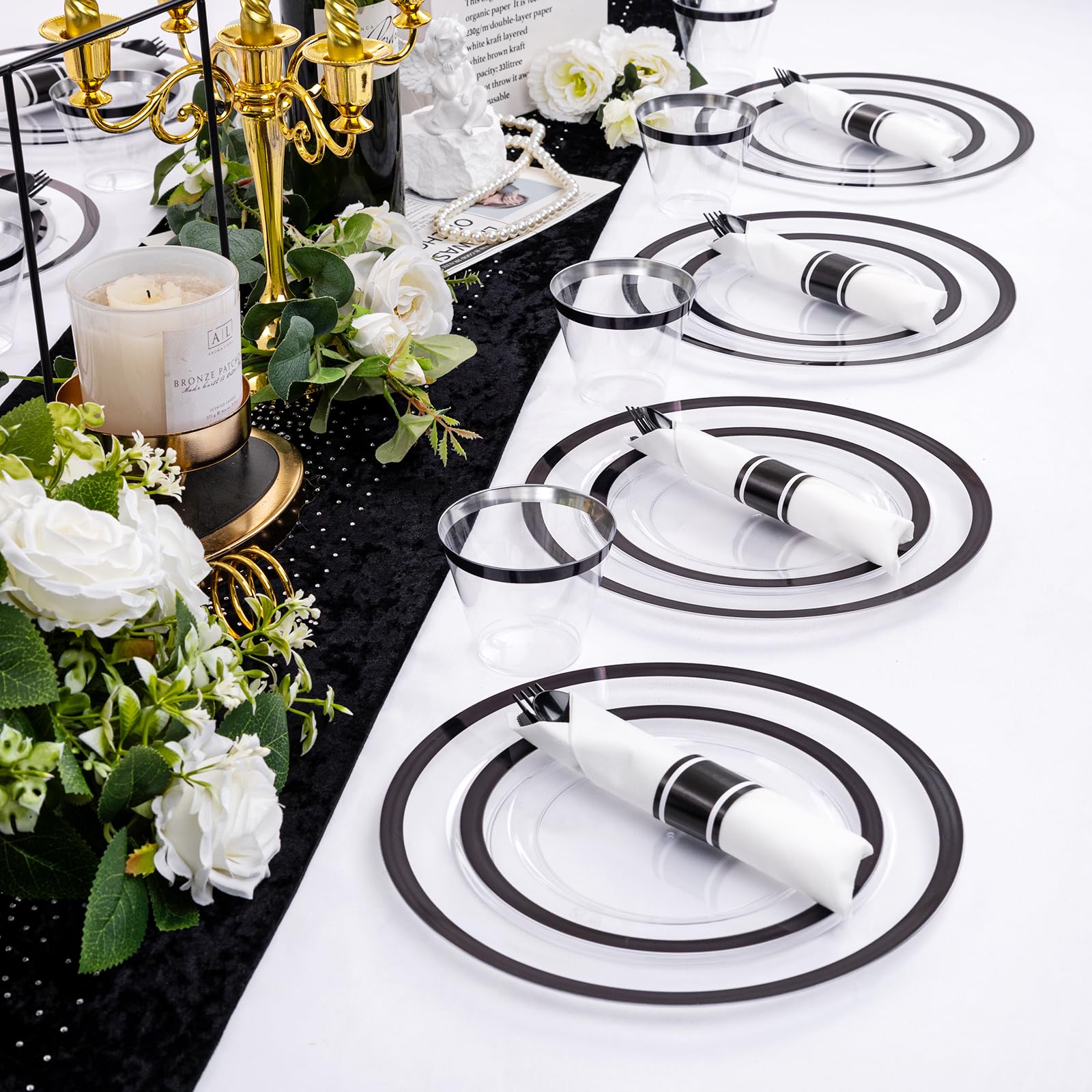 210-Piece Clear & Black Disposable Plastic Plates Set - 30 Dinner Plates, 30 Dessert Plates, 30 9oz Cups & 30 Pre-Rolled Napkins with Cutlery for New Year Parties, Birthday Celebrations & Family Gatherings