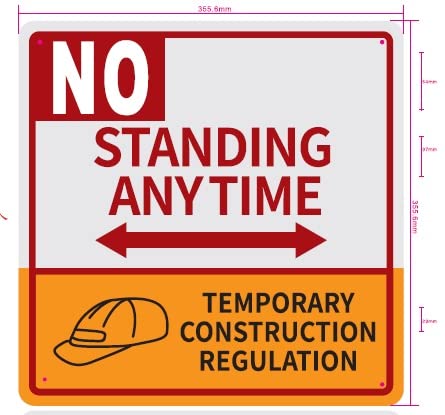 Temporary Construction Sign - No Standing Anytime Two-Sided Arrow | 14x14 Inch Reflective Aluminum Road Sign | OSHA Compliant for Construction Zones & Road Work Safety