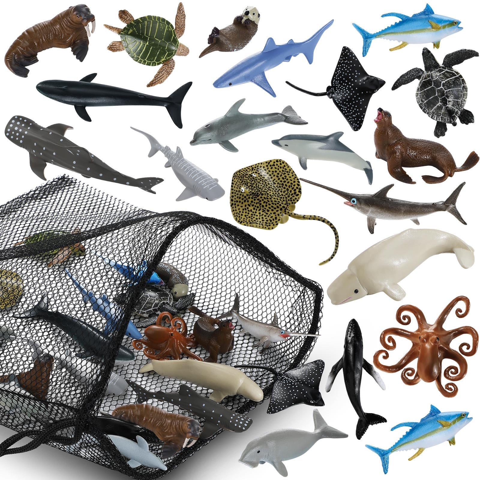 20 Pack Realistic Sea Creature Toys - Shark, Dolphin, Whale Ocean Animal Figures with Mesh Storage Bag | Perfect for Kids Birthday Party Favors, Ocean Themed Decorations & Educational Play (Great Gift for Boys & Girls)
