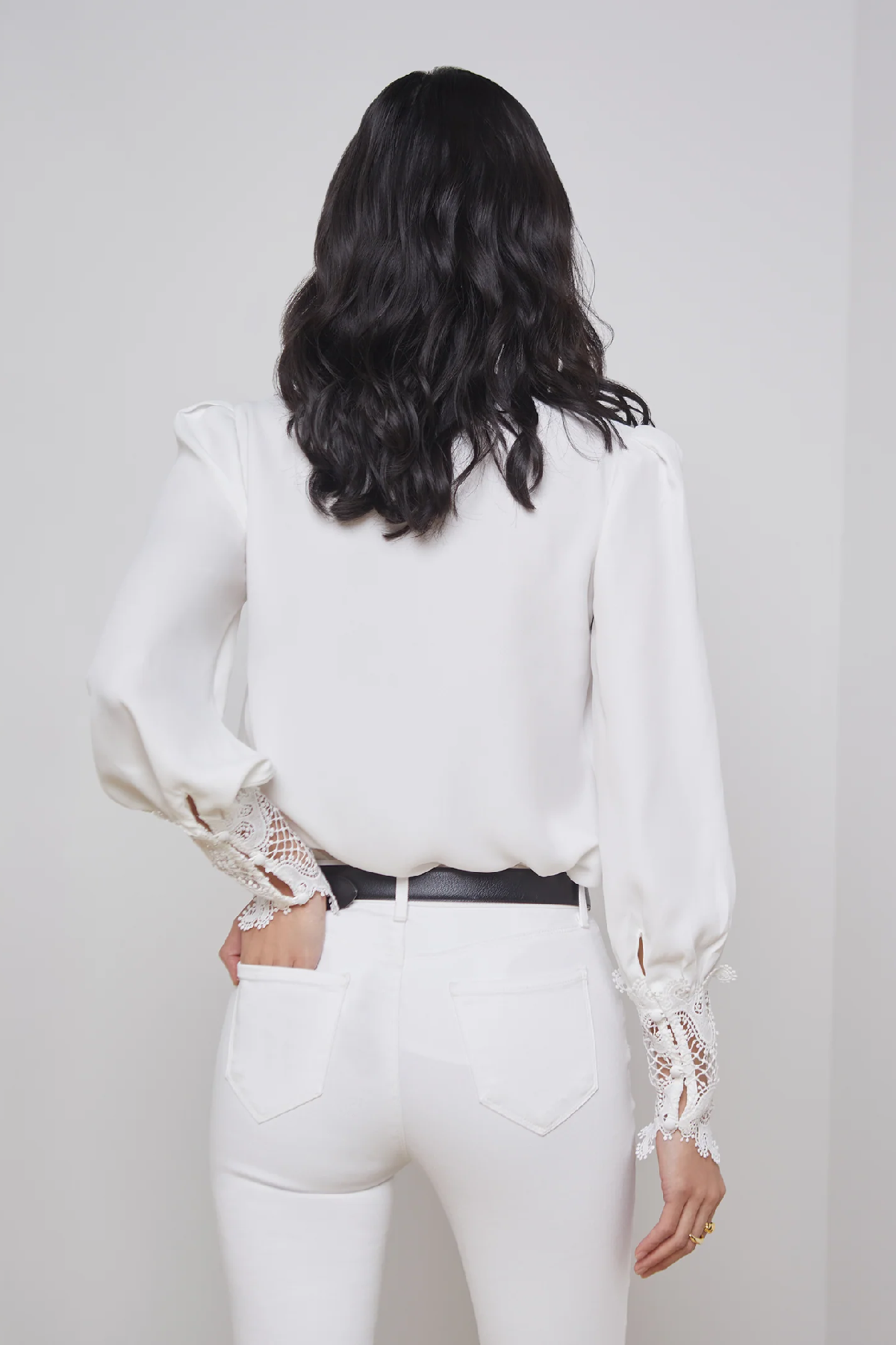 L'Agence Ava Lace Cuff Blouse - Women's V-Neck Ivory Lace Top for Work & Special Occasions | Elegant Office Blouse & Evening Wear
