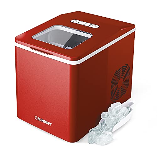 Euhomy Countertop Ice Maker Machine - 26 lbs/24H, Makes 9 Ice Cubes in 6 Minutes, Self-Cleaning Portable Ice Maker with Ice Scoop & Basket for Home, Kitchen, Office, Camping, RV - Perfect for Parties, BBQs and Outdoor Adventures (Red)