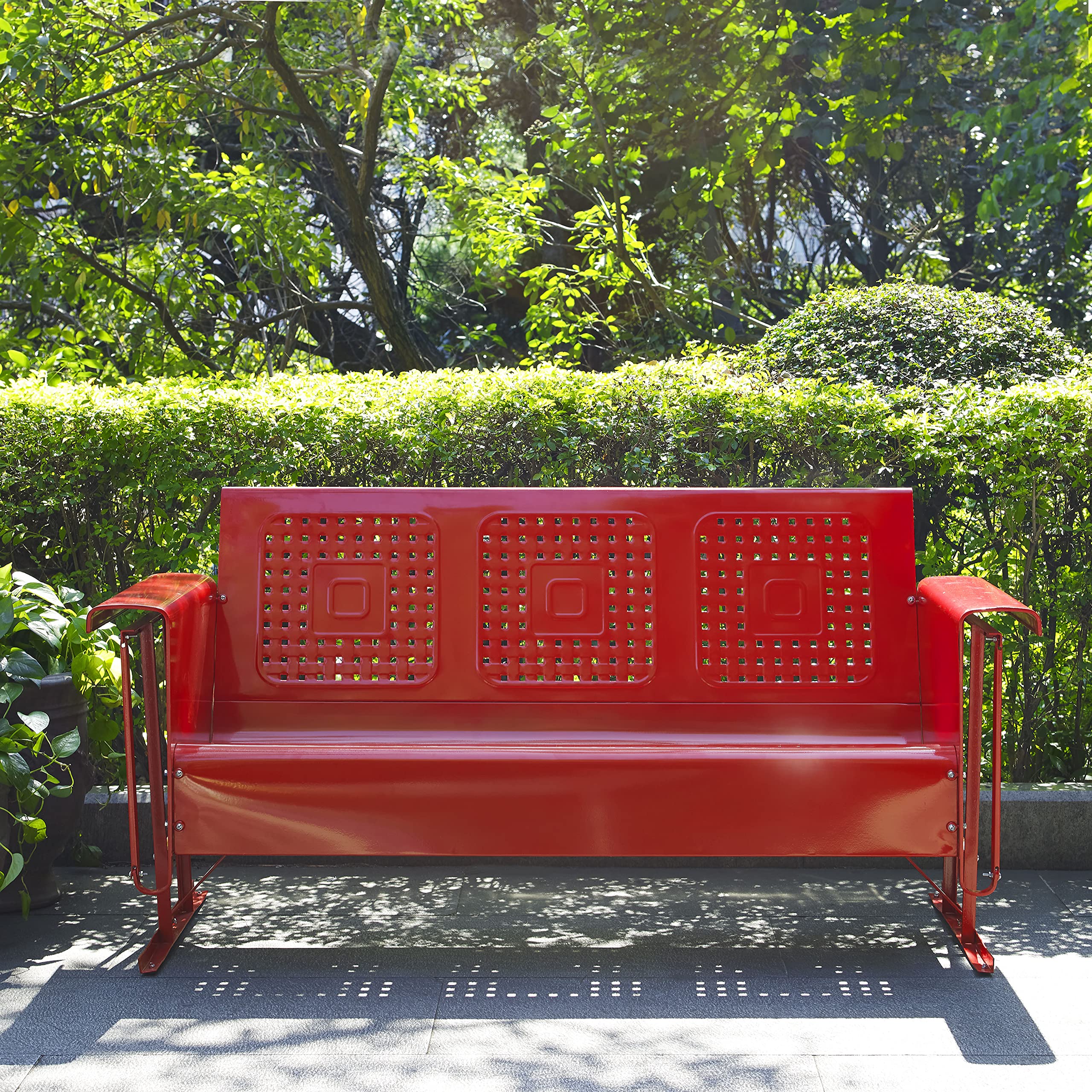 Crosley Bates Retro Metal Outdoor Glider Sofa - 3-Person Rocking Patio Bench for Porch, Deck & Garden - Bright Red Gloss Finish - Perfect for Relaxing in Backyard, Poolside or Outdoor Living Spaces
