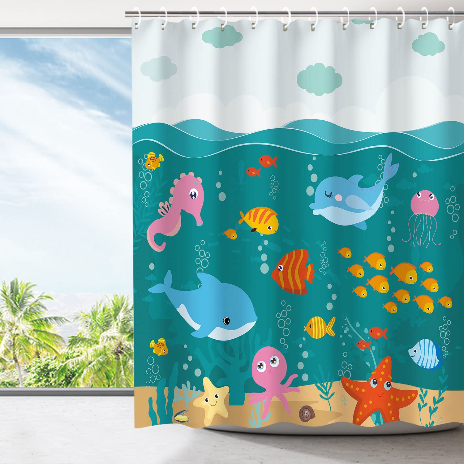 RosieLily Waterproof Fish Shower Curtain - Kids Bathroom Decor with Ocean Animals, Dolphins & Jellyfish - 72x72 Inches with 12 Hooks - Perfect for Beach Themed Bathrooms & Nautical Nursery Decor