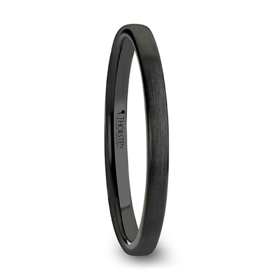 DAISY Black Ceramic Wedding Band Ring for Women - 2mm Wide Brushed Finish Flat Ring - Perfect for Weddings, Anniversaries & Everyday Wear