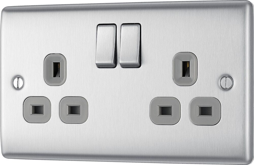 BG Nexus 13A Double Socket NBS22G - Brushed Steel Electrical Outlet for Home & Office | Perfect for Living Rooms, Bedrooms, and Workspaces