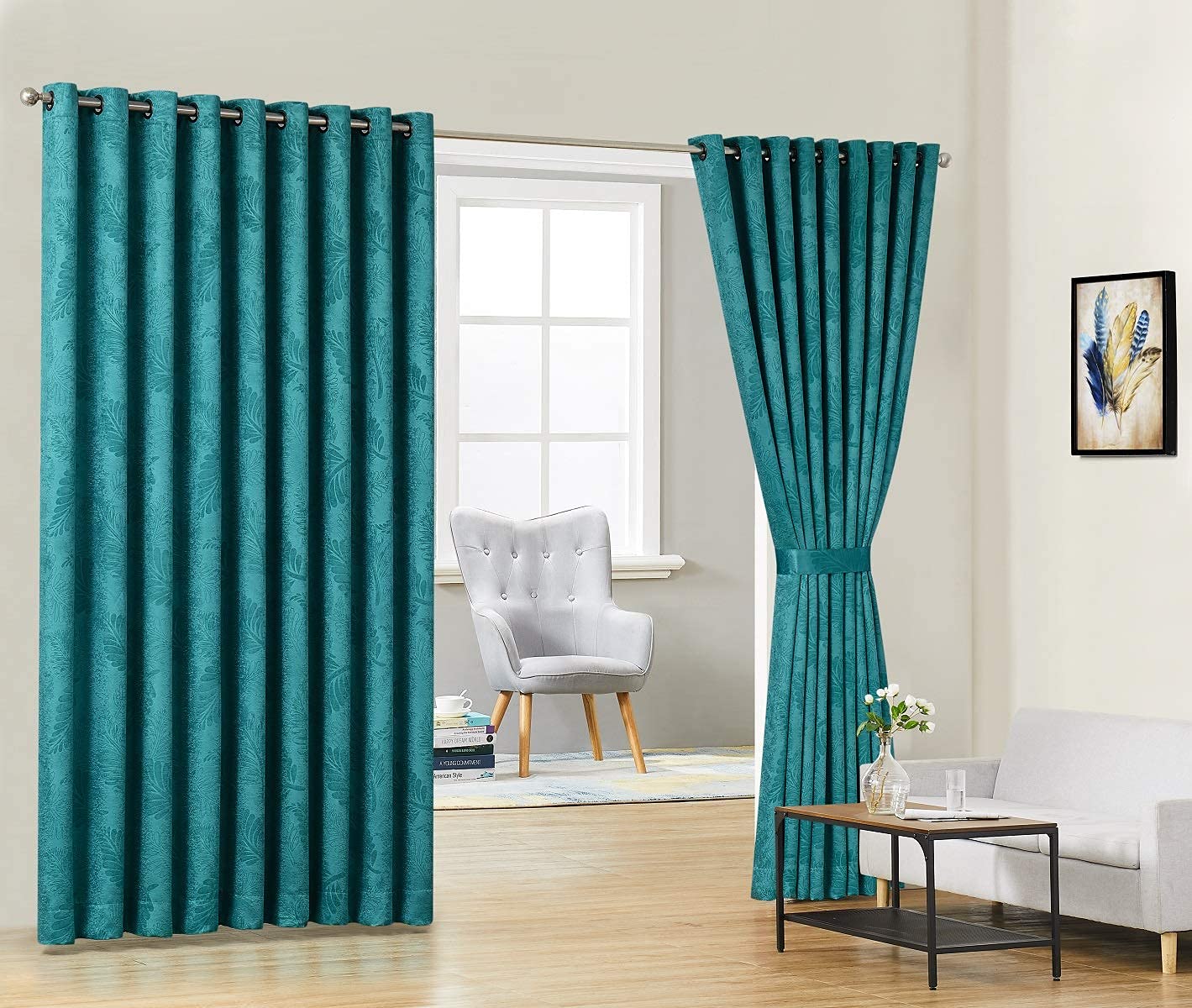 WARM HOME DESIGNS 2-Pack Extra Wide 108x120 Inch Floor to Ceiling Room Divider Panels - 3D Leaf Embossed Teal Green Curtains with Matching Tiebacks | Perfect for Living Room Partition, Bedroom Privacy, Office Space Divider & Home Decor