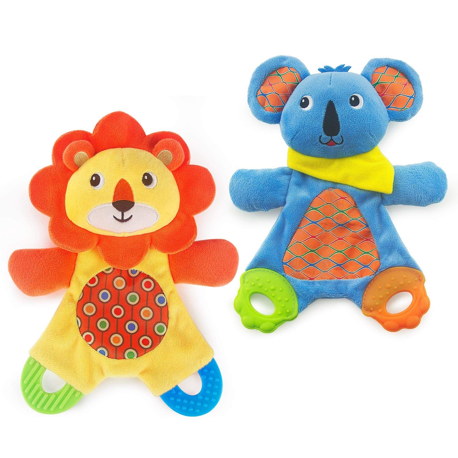 TeyToy Baby Teething Toys - 2 Pack Soft Plush Teether & Sensory Blanket for Soothing Sore Gums - Crinkle Sound Stimulation for Infants & Toddlers - Perfect Shower Gift for Newborns (Lion & Koala) - Ideal for Home, Travel & Daycare Use