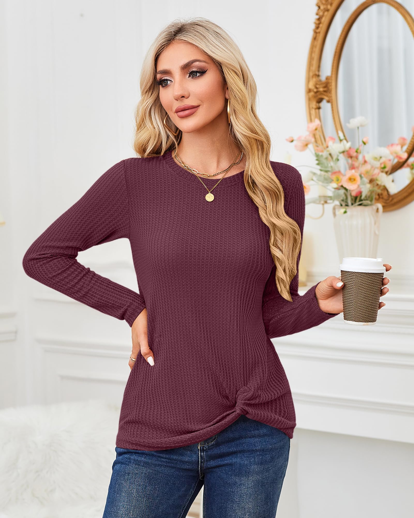 MISFAY Women's Casual Long Sleeve Knit Top with Cute Twist Knot Detail - Soft Waffle Knit Shirt for Fall & Winter, Perfect for Office, Date Night and Everyday Wear