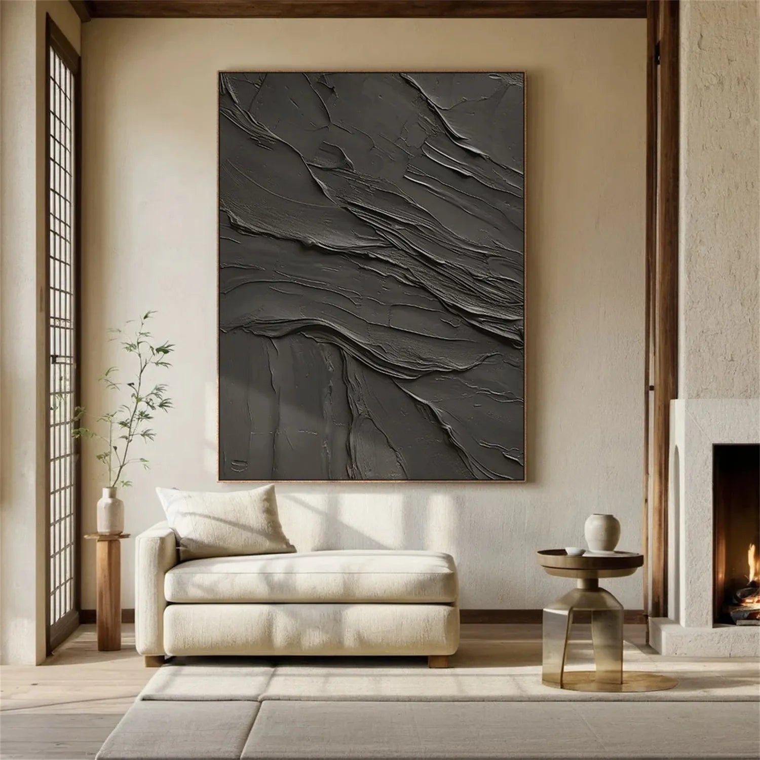 Black Plaster Art Minimalist Textured Painting - Modern Abstract Wall Decor for Living Room, Bedroom & Office | Contemporary Home Artwork #MZ111