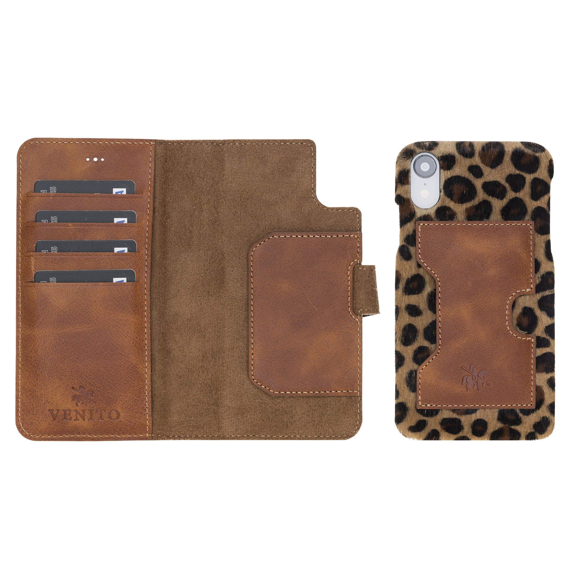 Venito Florence Genuine Leather Wallet Phone Case for iPhone XR - RFID Blocking Technology for Security - Detachable Card Holder - Furry Leopard Print Design - Perfect for Travel, Shopping & Everyday Use