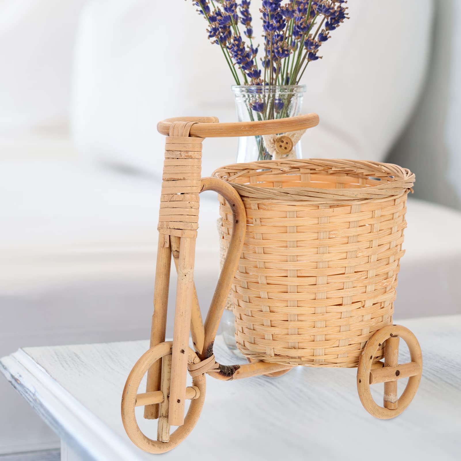 GANAZONO Bamboo Woven Flower Basket - Handmade Decorative Storage Organizer for Home Decor, Farmhouse Style Mini Tricycle Basket with Craft Texture - Perfect for Floral Arrangements, Bathroom Organization & Rustic Table Centerpieces