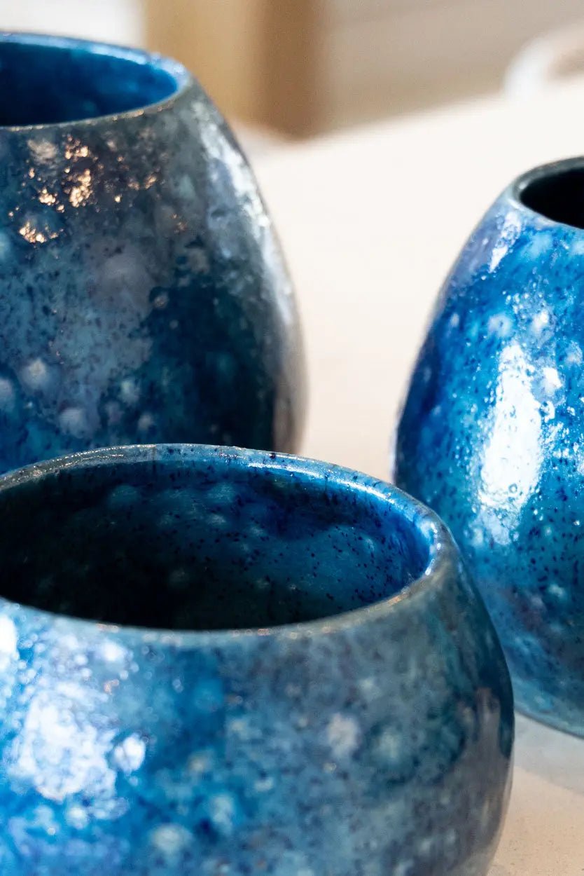 Set of 3 Raku Contemporary Ceramic Pots with White Crystals on Teal Glaze - Handcrafted Home Decor for Living Room, Office & Garden Display