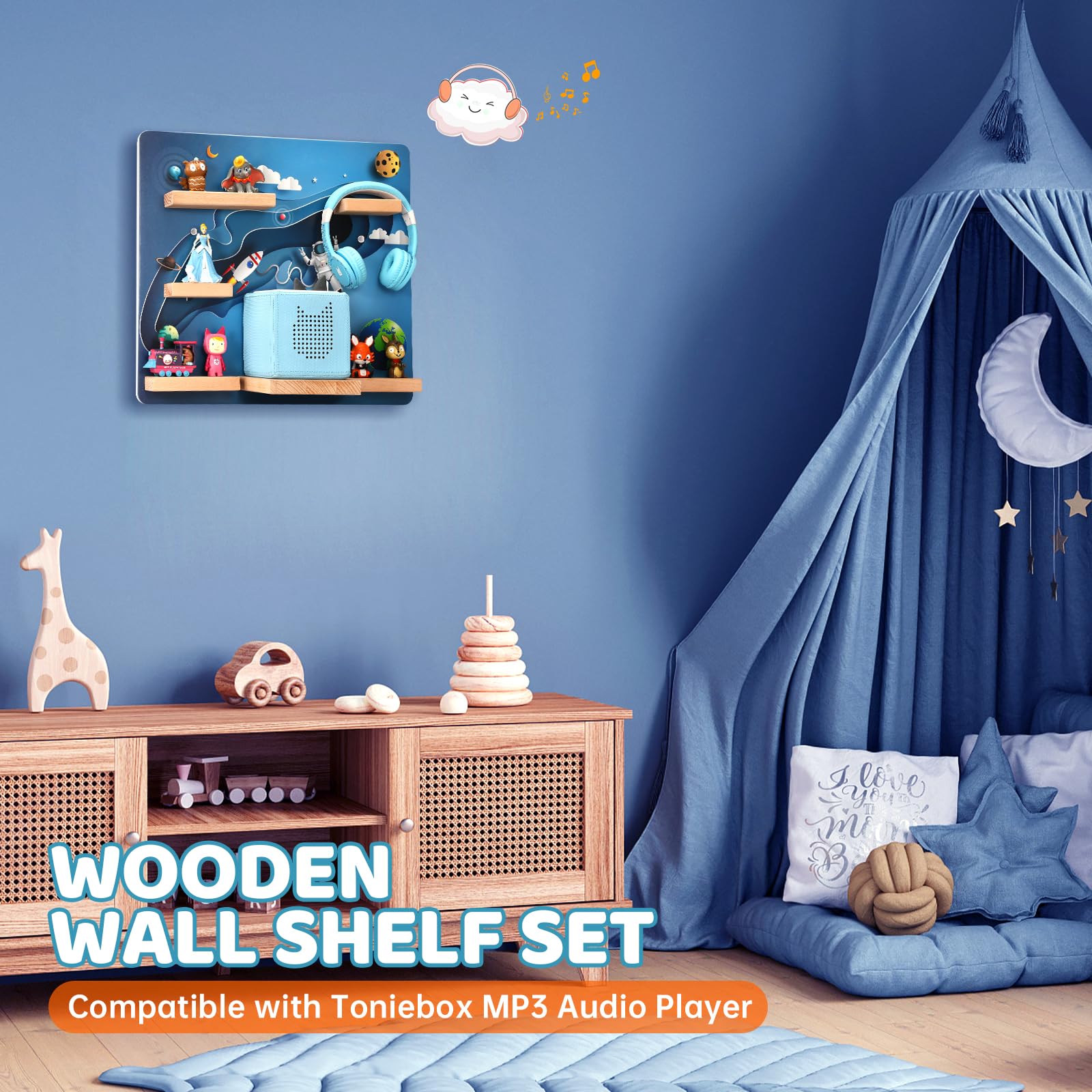 OUKNAK Floating Shelf for Toniebox - Wall Mount Magnetic Wooden Shelf with Carrying Case - Compatible with Tonie Audio Player & Figures - Perfect for Kids Room, Nursery Decor (Astronaut Theme) - Great for Organizing Toys & Displaying Collectibles