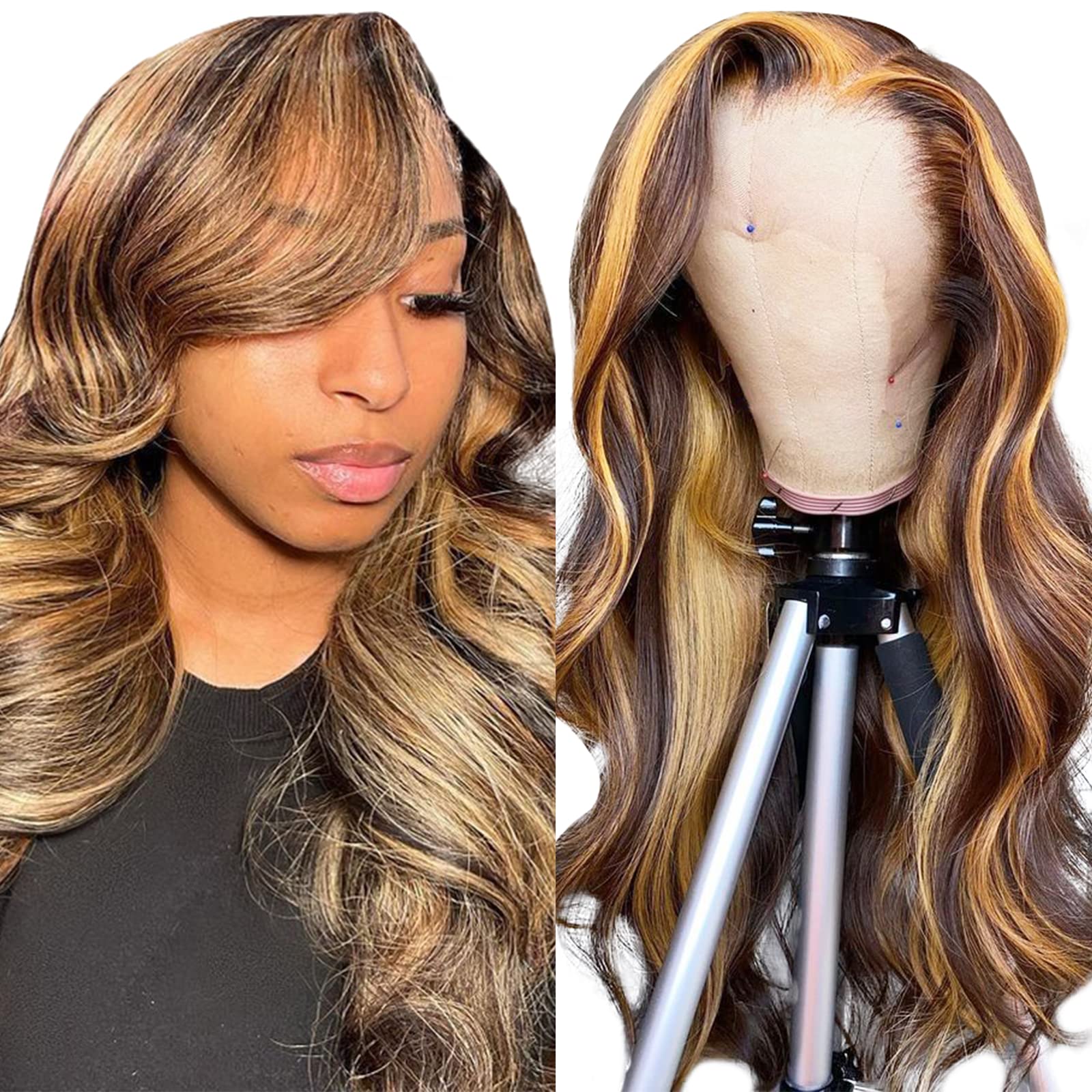 13x4 HD Transparent Lace Front Wigs Human Hair - Pre Plucked 4/27 Colored Body Wave with Baby Hair 180% Density Honey Blonde Ombre Lace Wig for Women (26 Inch) | Perfect for Daily Wear, Parties, Cosplay & Special Occasions