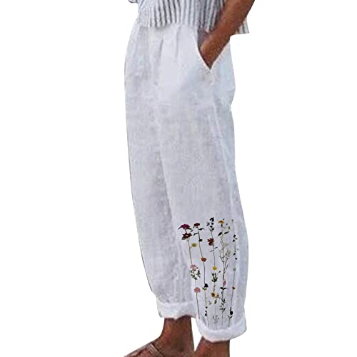 **Women's High Waist Cotton Pants with Pockets - Loose Fit Casual Straight Leg Print Pants for Women (White, XL) - Perfect for Work, Travel & Everyday Comfort**