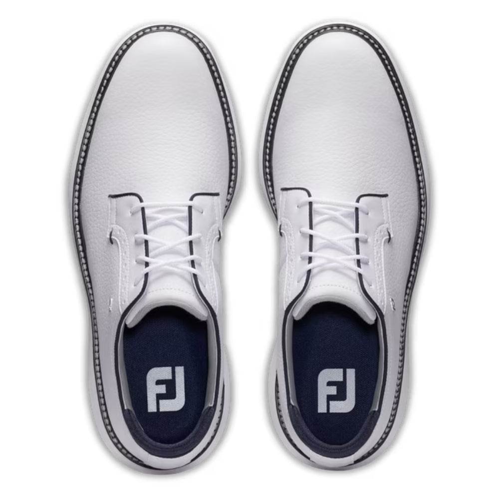 FootJoy Men's Traditions Blucher Cleated Golf Shoes - White/White/Navy - Comfortable & Durable for Golf Course & Outdoor Sports