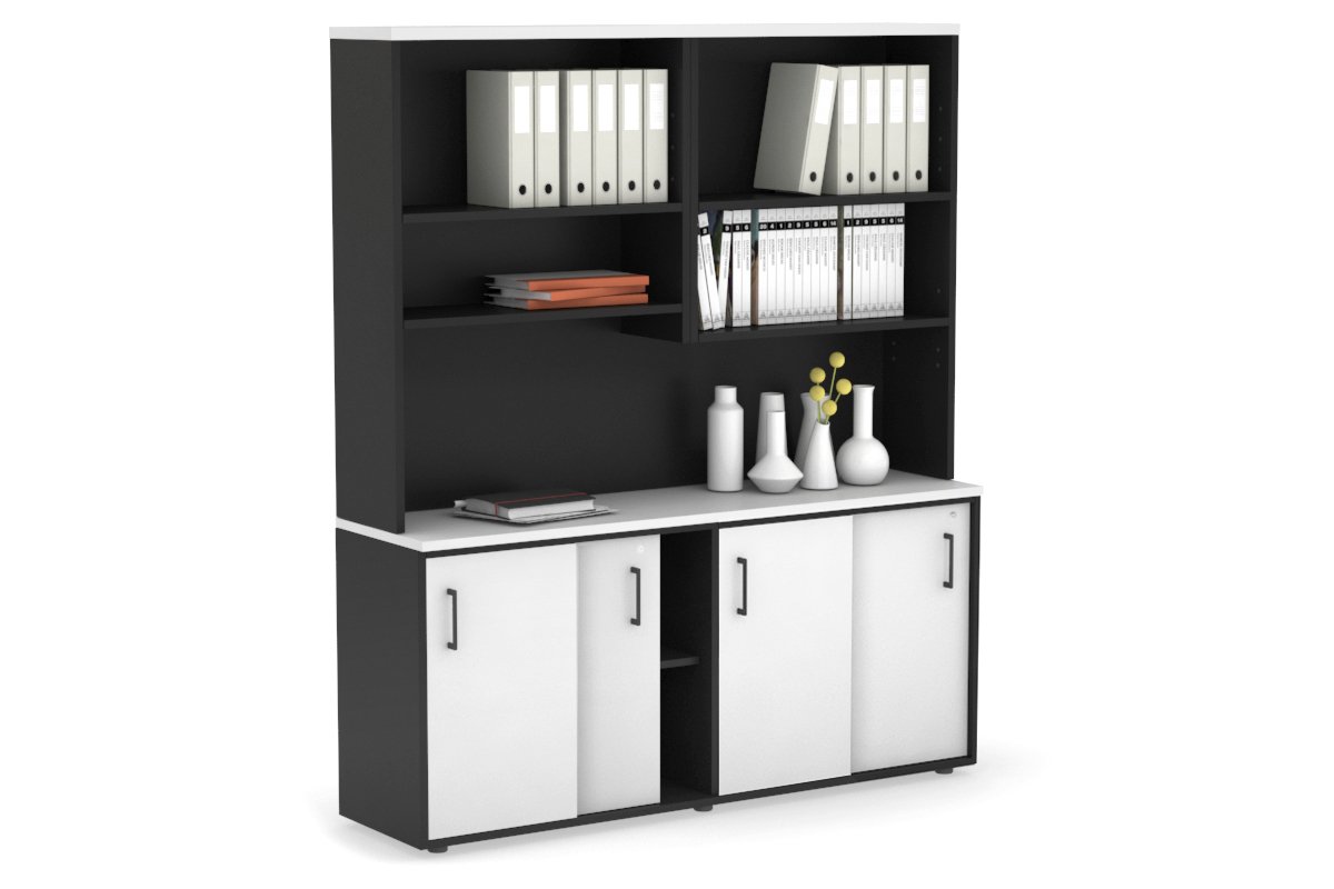 Modern White Sliding Door Credenza with Open Hutch - 1600W x 750H x 450D - Perfect for Home Office, Living Room & Bedroom Storage Organization