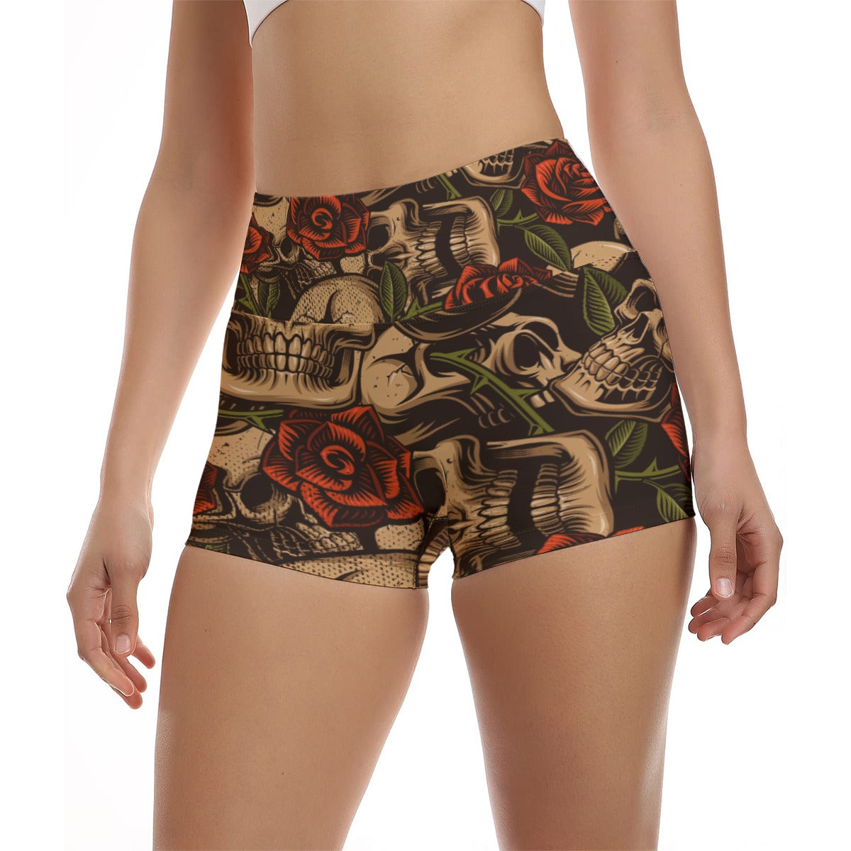 Bronze Skulls and Roses Yoga Shorts for Women - High Waisted Ultra Short Workout Shorts - Perfect for Yoga, Gym, Running & Lounge Wear