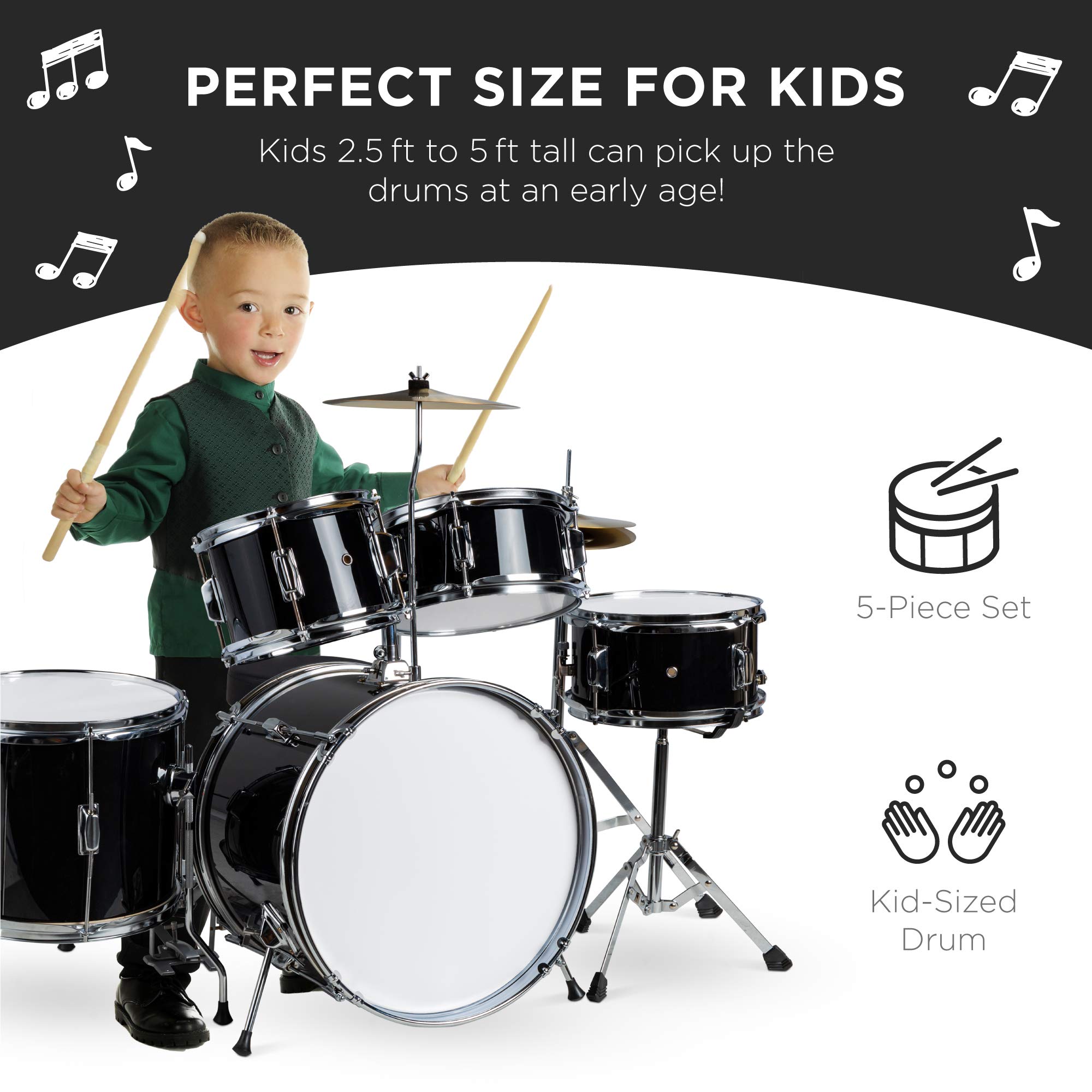 Best Choice Products 5-Piece 16in Kids Drum Set - Junior Drum Kit with Cymbals, Pedal, Drumsticks, Stool, Toms, Snare & Hi-Hat - Perfect Beginner Percussion Set for Children (Black) | Ideal for Home Practice, Music Lessons & Early Childhood Development