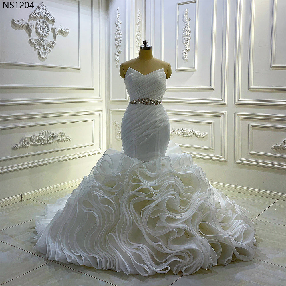 Elegant Strapless Pleated Ruffle Mermaid Wedding Dress AM1204 - Perfect for Beach, Church & Formal Bridal Ceremonies