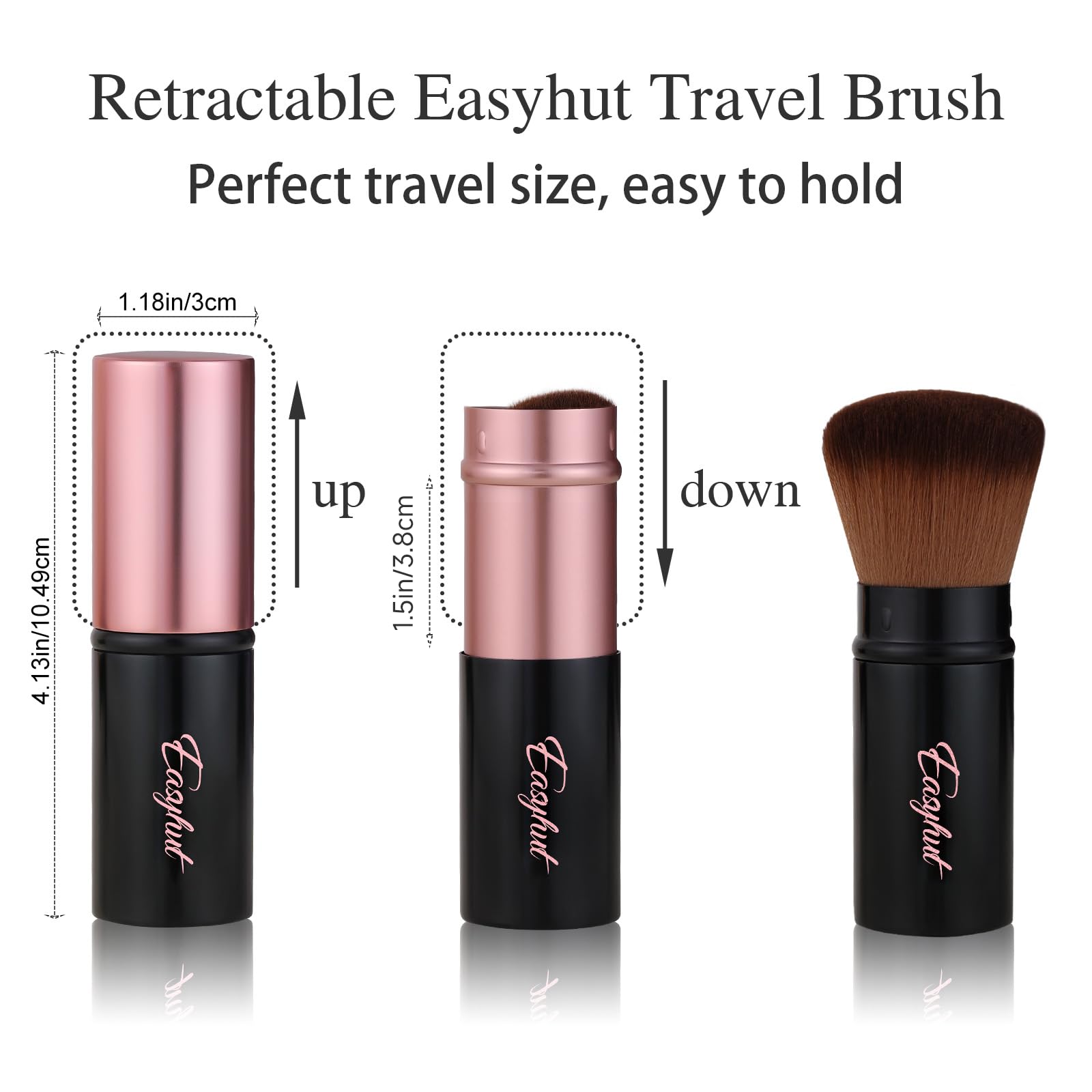 Retractable Kabuki Makeup Brushes Set - 2 Pcs Rose Gold Blush & Powder Brushes with Flat & Angled Heads for Liquid, Cream & Foundation - Perfect for Travel, On-the-Go Touch Ups & Professional Makeup Application