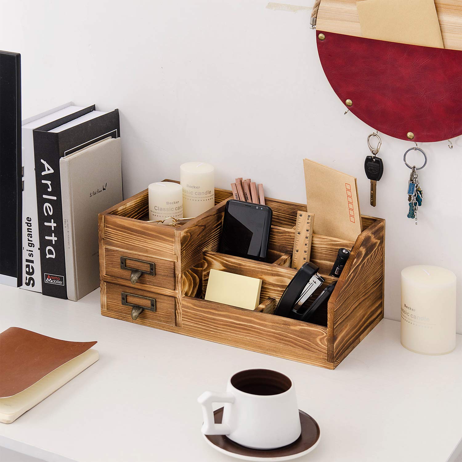 Rustic Wooden Desktop Organizer - 2-Tier Drawer Storage Cabinet with Multiple Compartments for Office, Makeup & Jewelry | Home & Office Organization | Perfect for Desk, Vanity & Workspace Storage