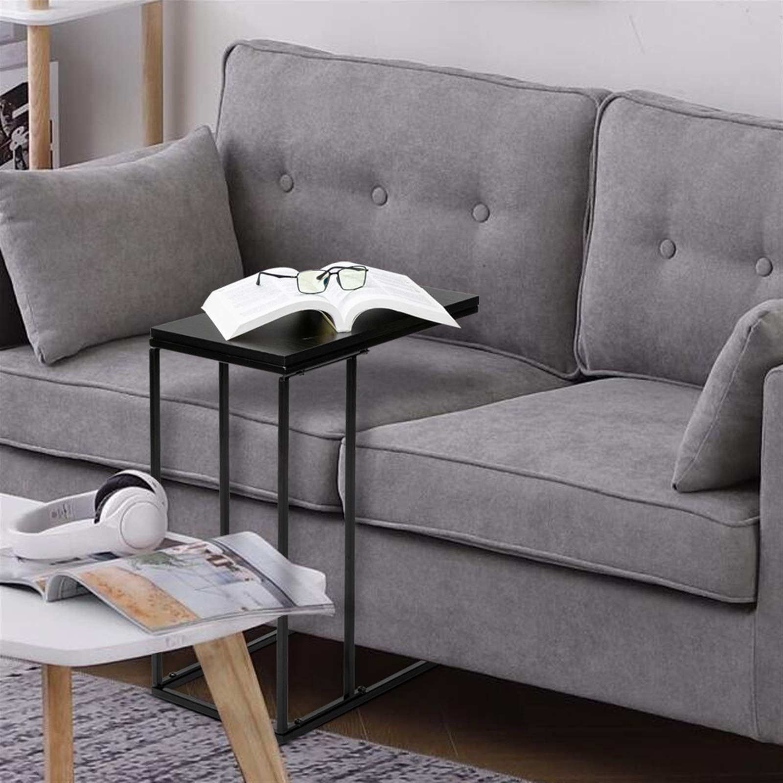 Modern C-Shaped Snack Side Table - Minimalist Geometric Sofa Table for Small Spaces, Living Room & Bedroom - Black - Perfect for Holding Drinks, Books & Decor in Compact Apartments