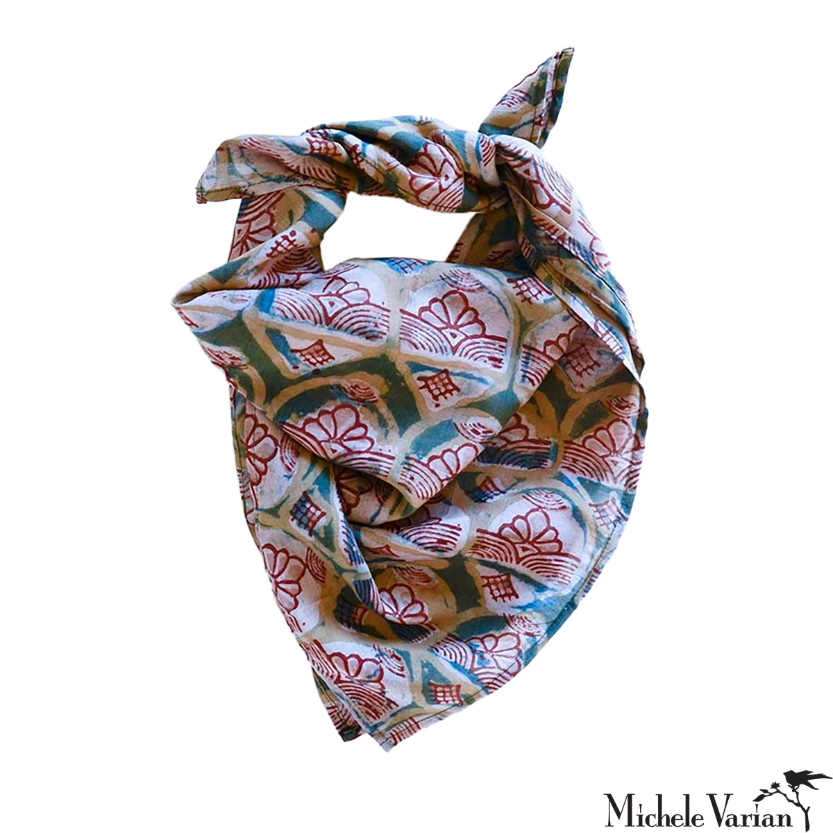 Handmade Block Printed Cotton Bandana - Emerald Green with Windows Design - Perfect for Fashion Accessories, Headwear, and DIY Crafts